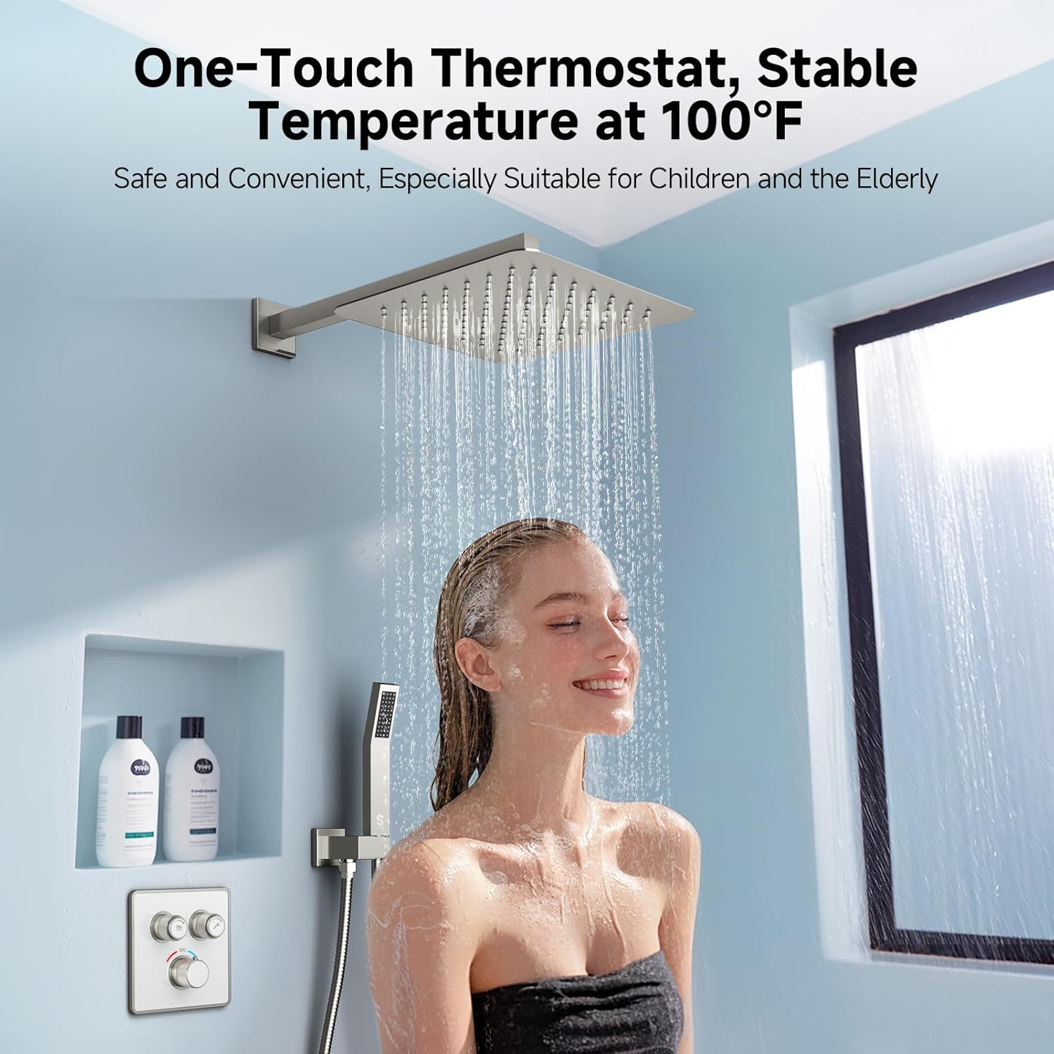 SR SUN RISE 100℉ Thermostatic Shower System,12" Luxury Rainfall Shower Head and High-Pressure Handheld Bathroom Shower Faucet Set,Shower Valve and Trim Kit Included (Brushed Nickel)