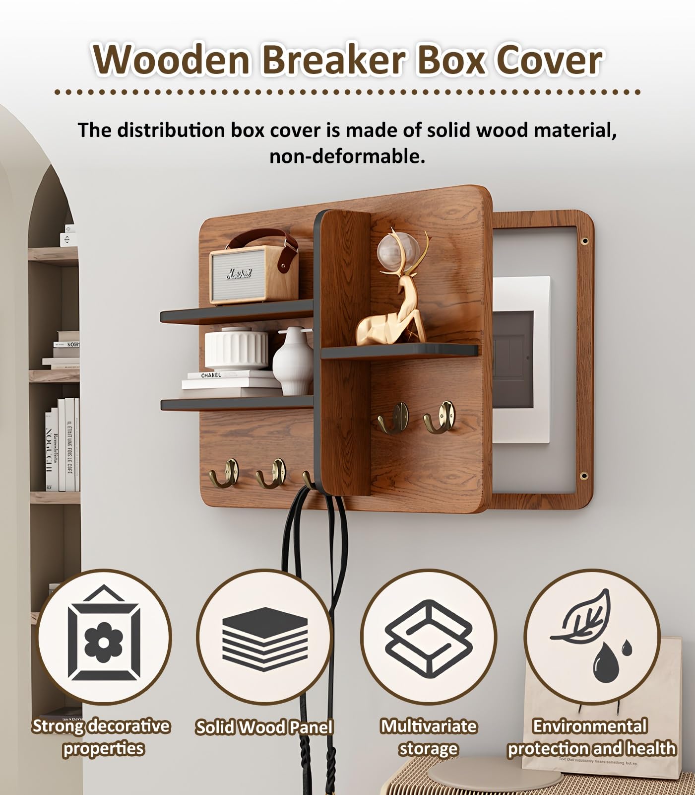 Copri Scatola Fusibili Decorativi Per Parete, Copri Quadro Elettrico In Legno Massello Con Ripiano, Robusto Copri Scatola Interruttori Con Ganci Per Ingresso Soggiorno, Indeformabile(Brown,60x50cm/23.