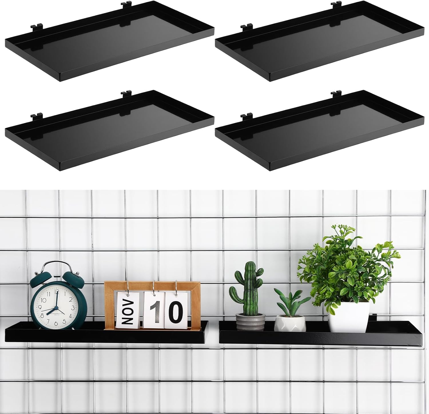 Coume 4 Pcs Grid Panel Display Shelf 11.8 x 7.87 Inch Metal Display Rack Gridwall Shelving Wall Organizer Grid Wall Panels Hanger Accessory for Crafts Room, Garage, Workbench, Office, Retail