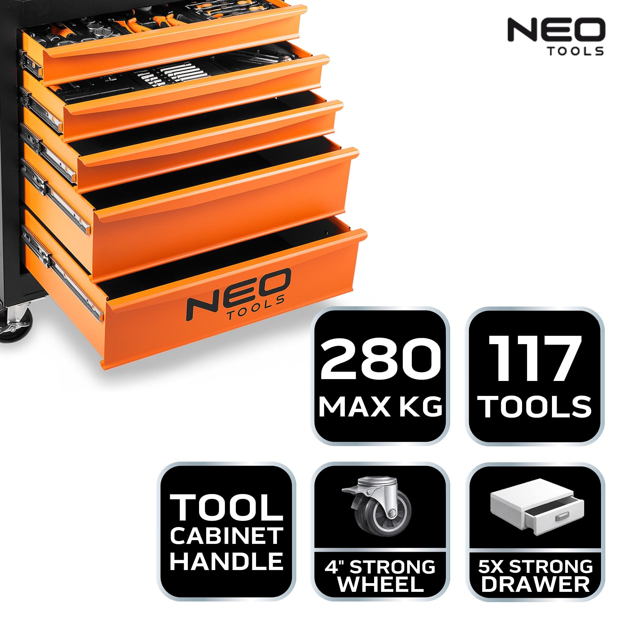 NEO TOOLS Wózek warsztatowy wypełniony narzędziami, 117-częściowy | 5 półek – szuflady z łożyskiem kulkowym – centralnie zamykany – mata antypoślizgowa – kółka obrotowe – hamulec postojowy – wózek