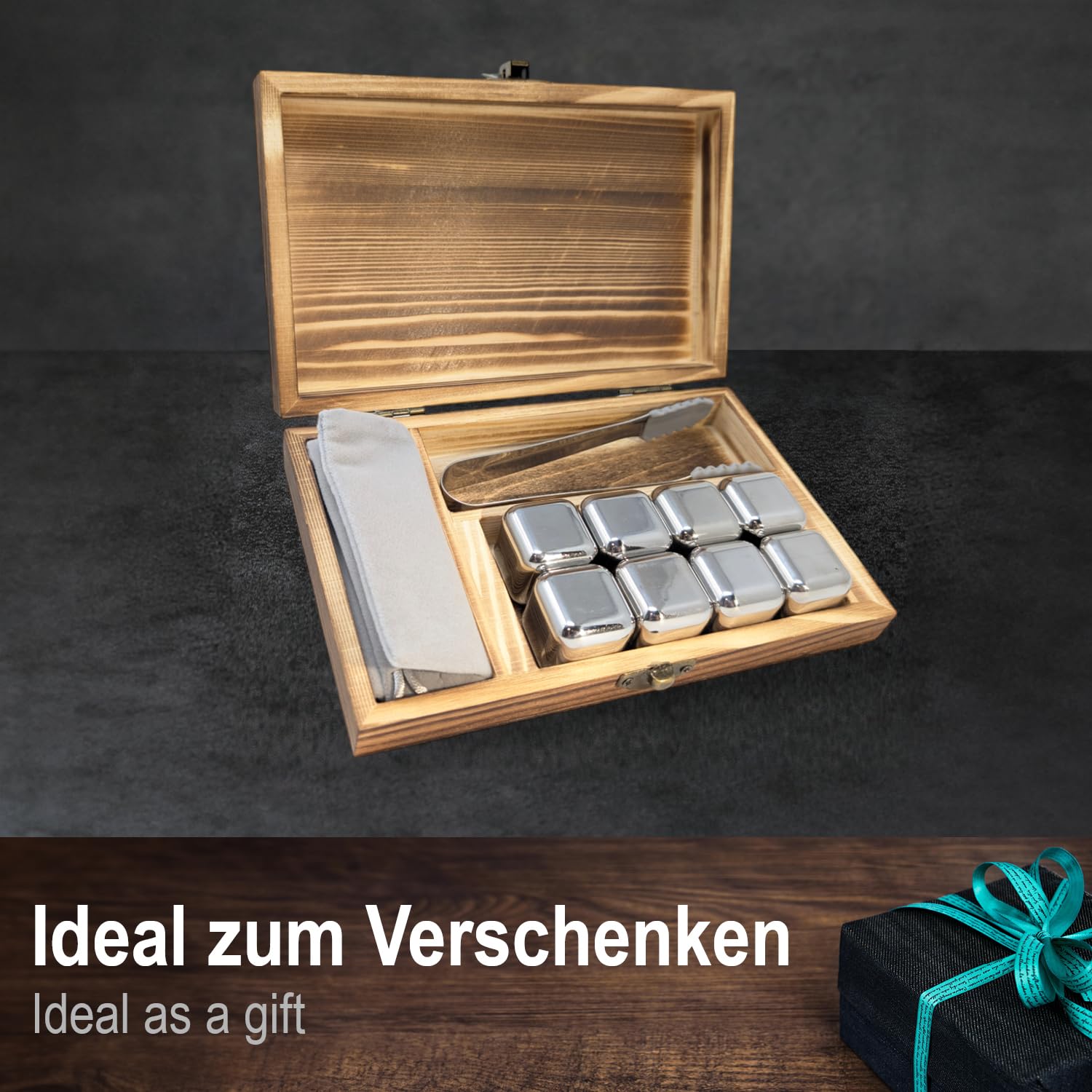 COM-FOUR® Juego de Regalo de Piedras para Whisky - 8X Cubitos de Hielo de Acero Inoxidable (2,7 cm) con Pinzas y Bolsa de Acero Inoxidable (08 Piezas con Caja de Regalo)