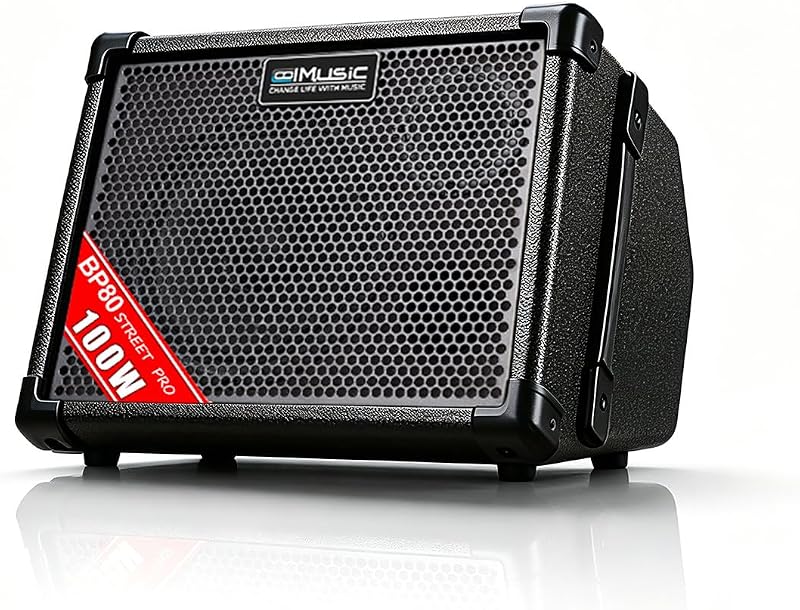 Coolmusic BP80 Amplificador de guitarra acústica con batería, parlante Bluetooth portátil de 100 W, 6 entradas, ecualizador de 3 bandas, negro (garantía de 3 años)