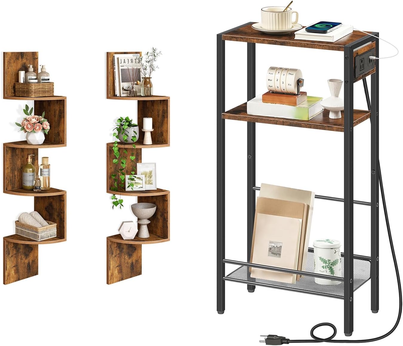 HOOBRO Corner Shelf and Console Table Bundle, Set of 2 Floating Corner Shelves for Wall, 15.7" Narrow Entryway Table with Charging Station, BF25BJP201-BF42UXG01