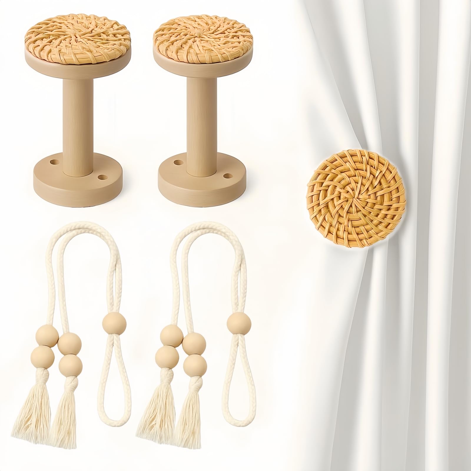 ZYZX 2 Pack Boho Curtain Holdbacks, Wooden Rattan Wall Mounted Tiebacks with Tassel Rope, Decorative Drapery Hooks with Screws for Window Treatment Home Decor