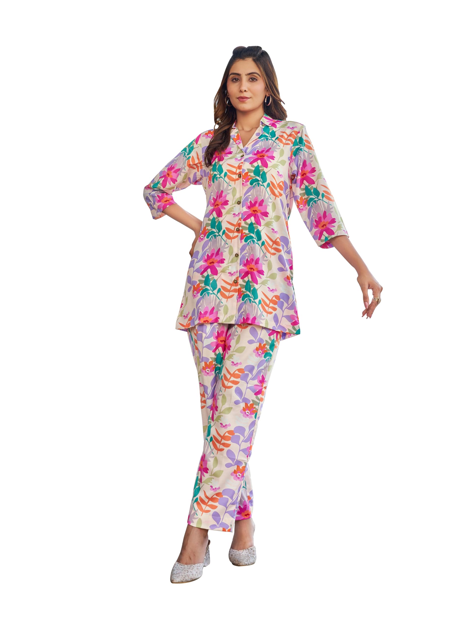 Women's Printed Cotton Blend Cream Shirt Trousers Co-Ords(VC_5005CO)-image-31