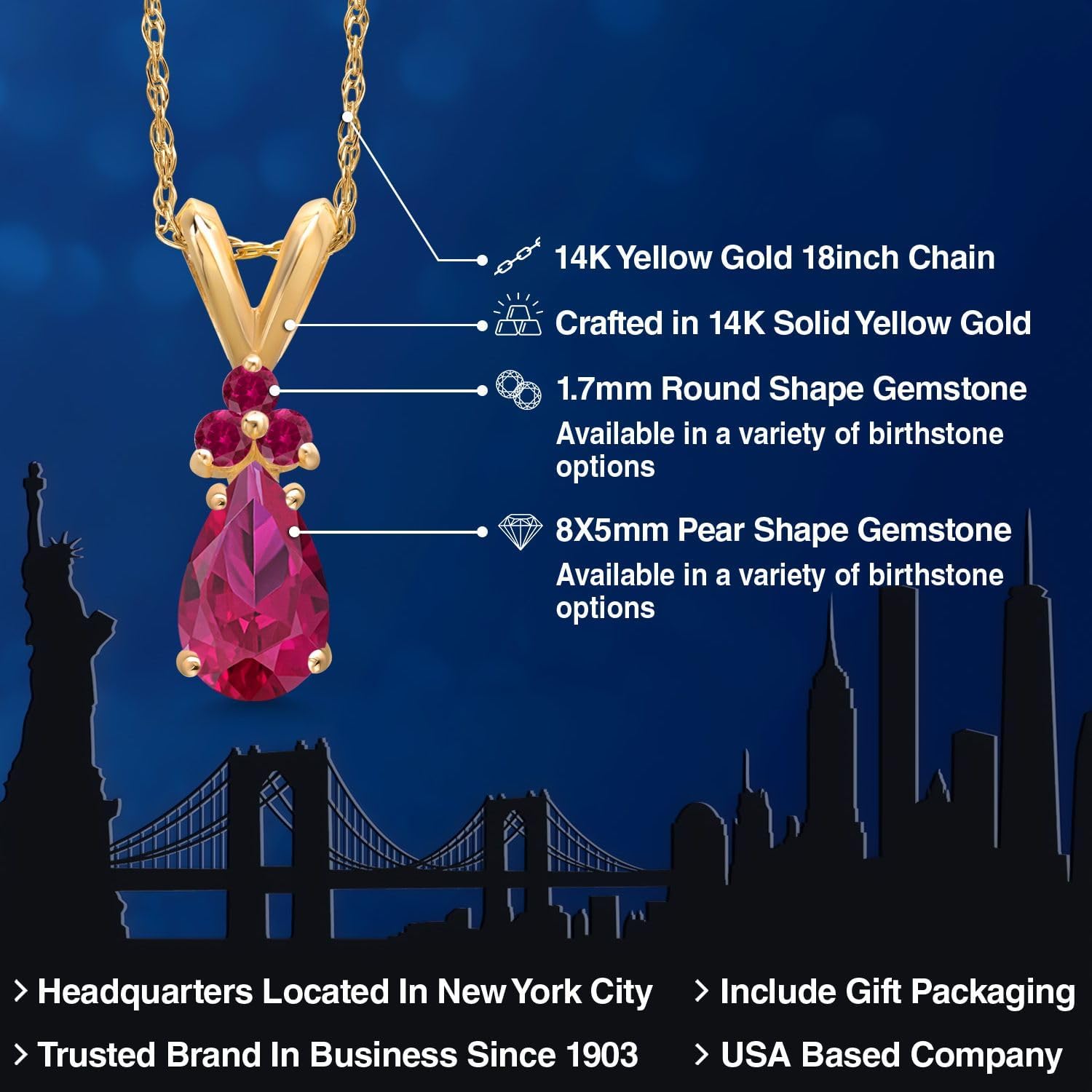 Gem Stone King 14K Yellow Gold Red Created Ruby Pendant Necklace for Women | 1.11 Cttw | Gemstone July Birthstone | Pear Shape 8X5MM | With 18 Inch Chain - Image 2
