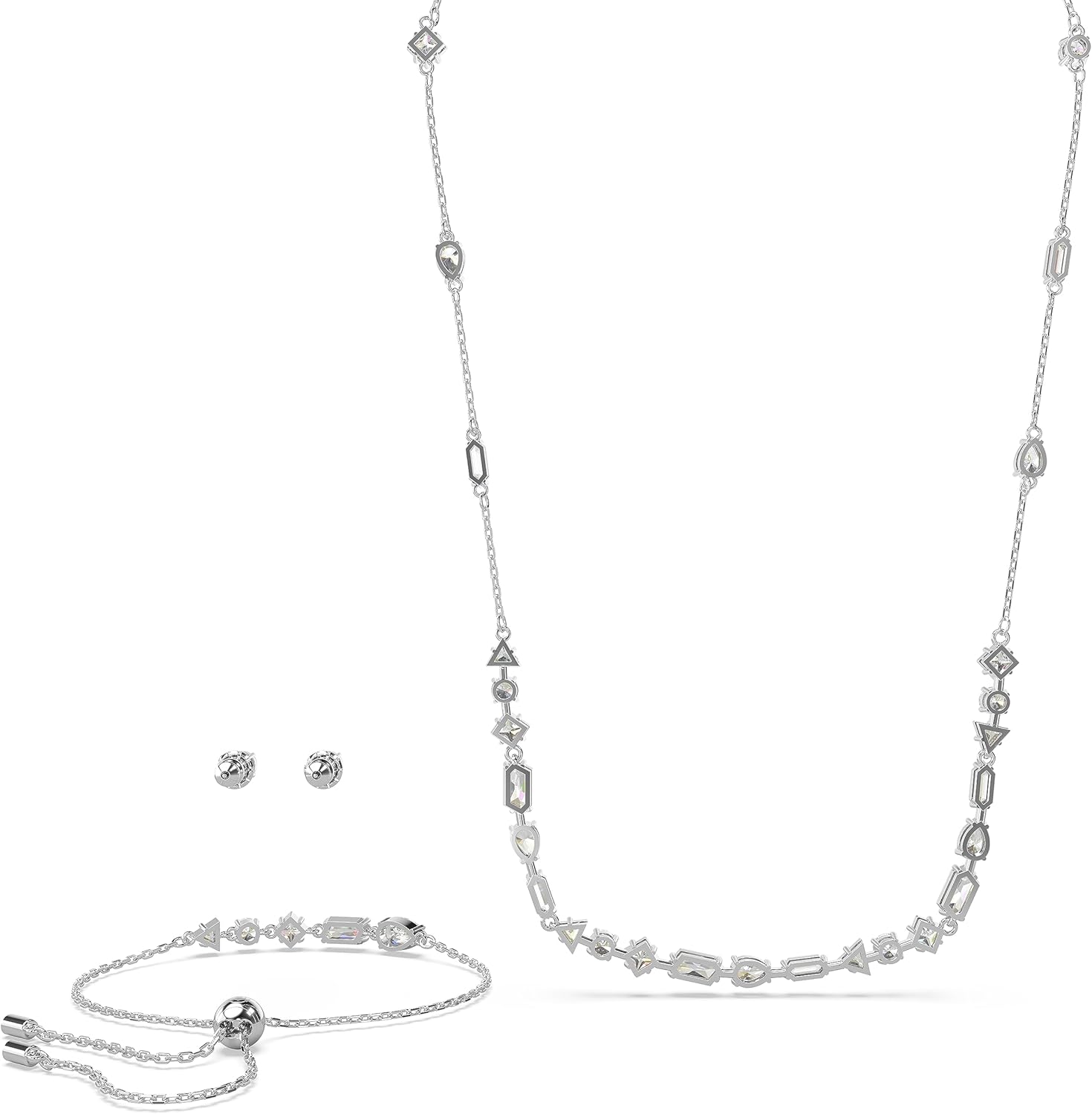Swarovski Mesmera Bracelet, Necklace, and Stud Earrings Set, Rhodium Finished with Clear Crystals, Part of the Mesmera Collection