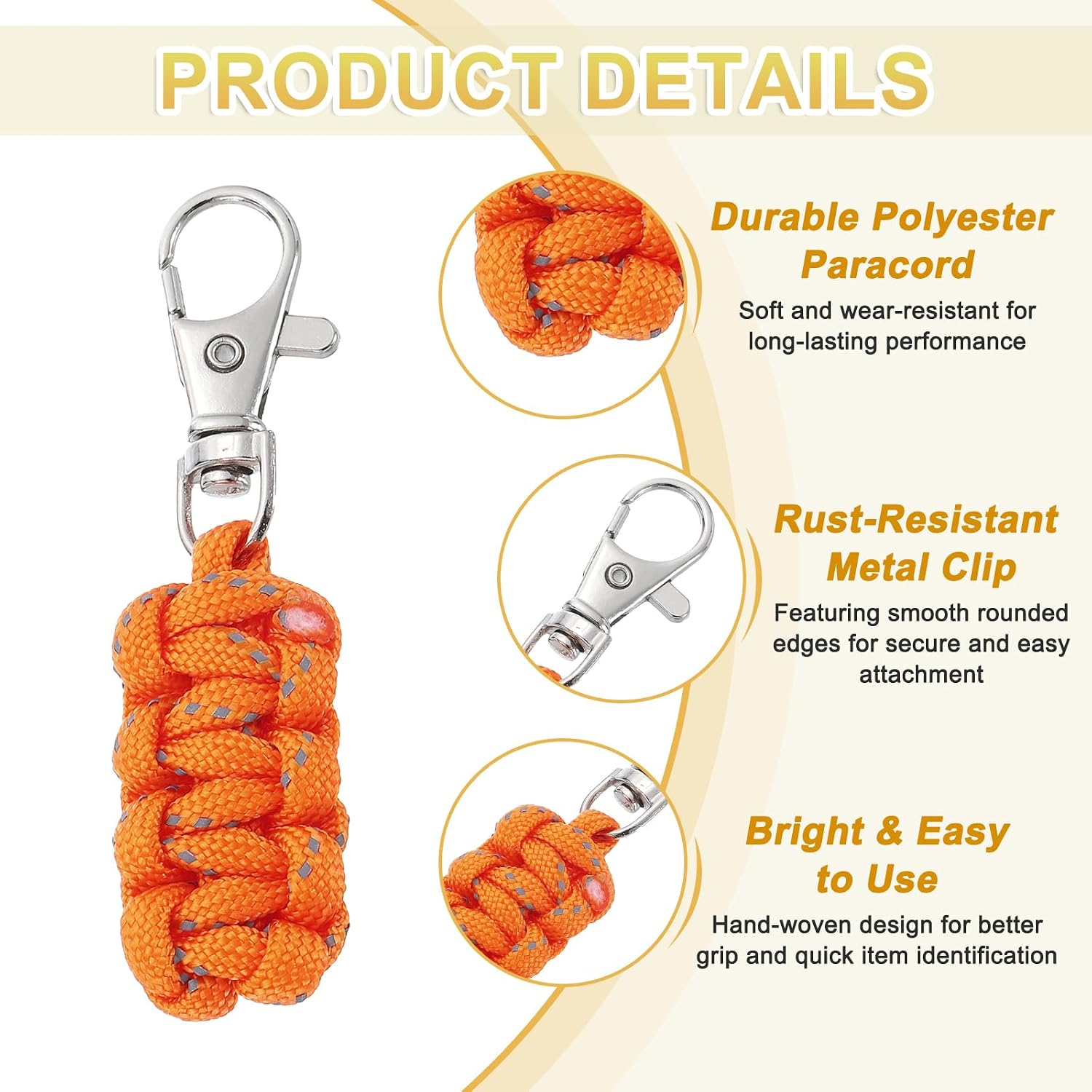 YELARXI Paracord Zipper Pulls, Reflective Polyester Zipper Pulls Woven Rope, 80 mm Length Fit for Backpacks Clothing Luggage Accessories - Cylinder (4 Pack, Orange) image 3