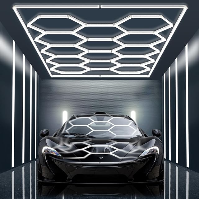 Ultra Bright Hexagon Garage Lights 720W 86400LM 6500K Hexagon LED Light Garages with Rectangle Frame 14 Grid Honeycomb