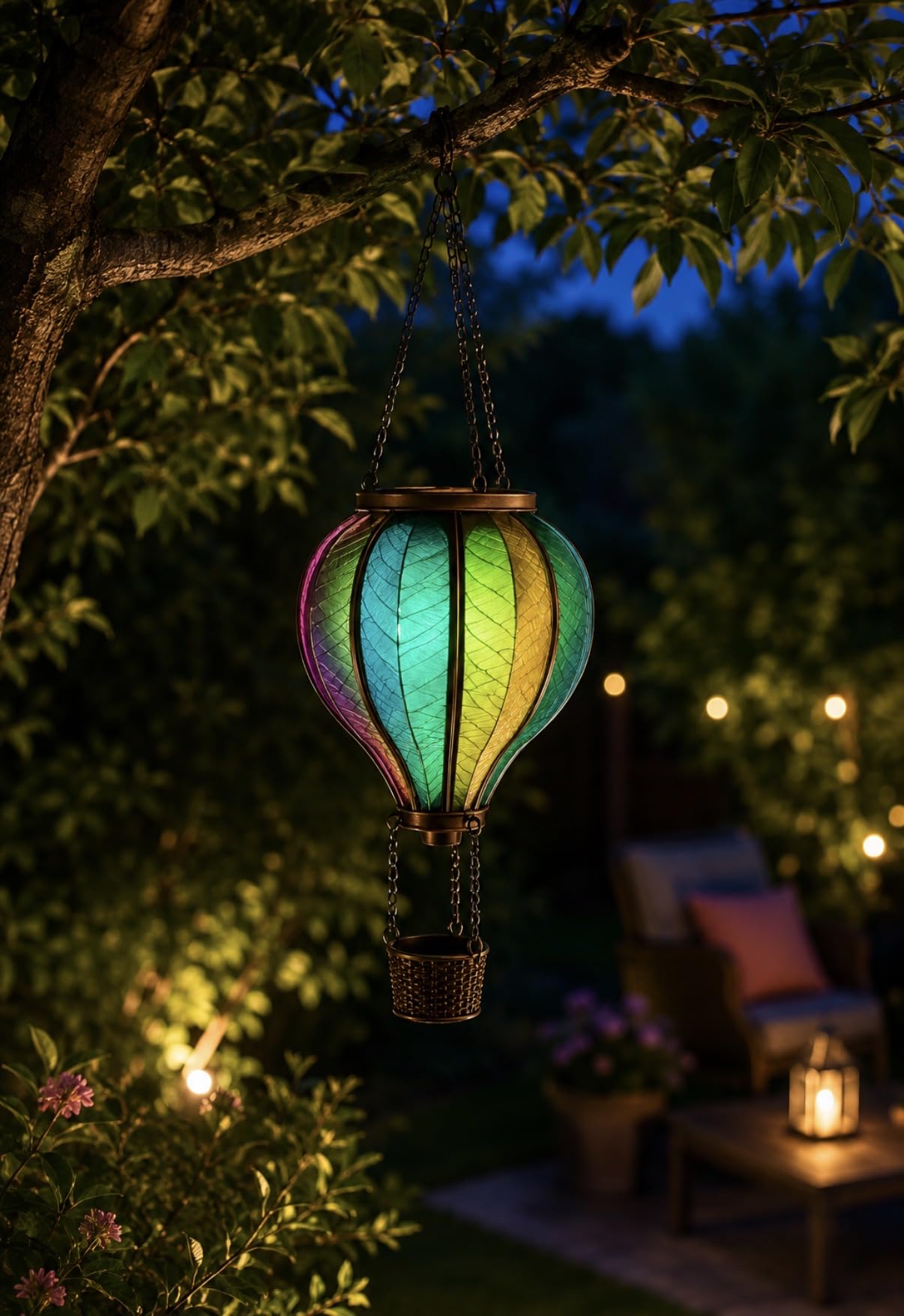 LED Solar Heißluftballon zum Hängen – Gartenleuchte mit Farbverlauf mit Flammeneffekt - Deko für Balkon, Terrasse & Garten