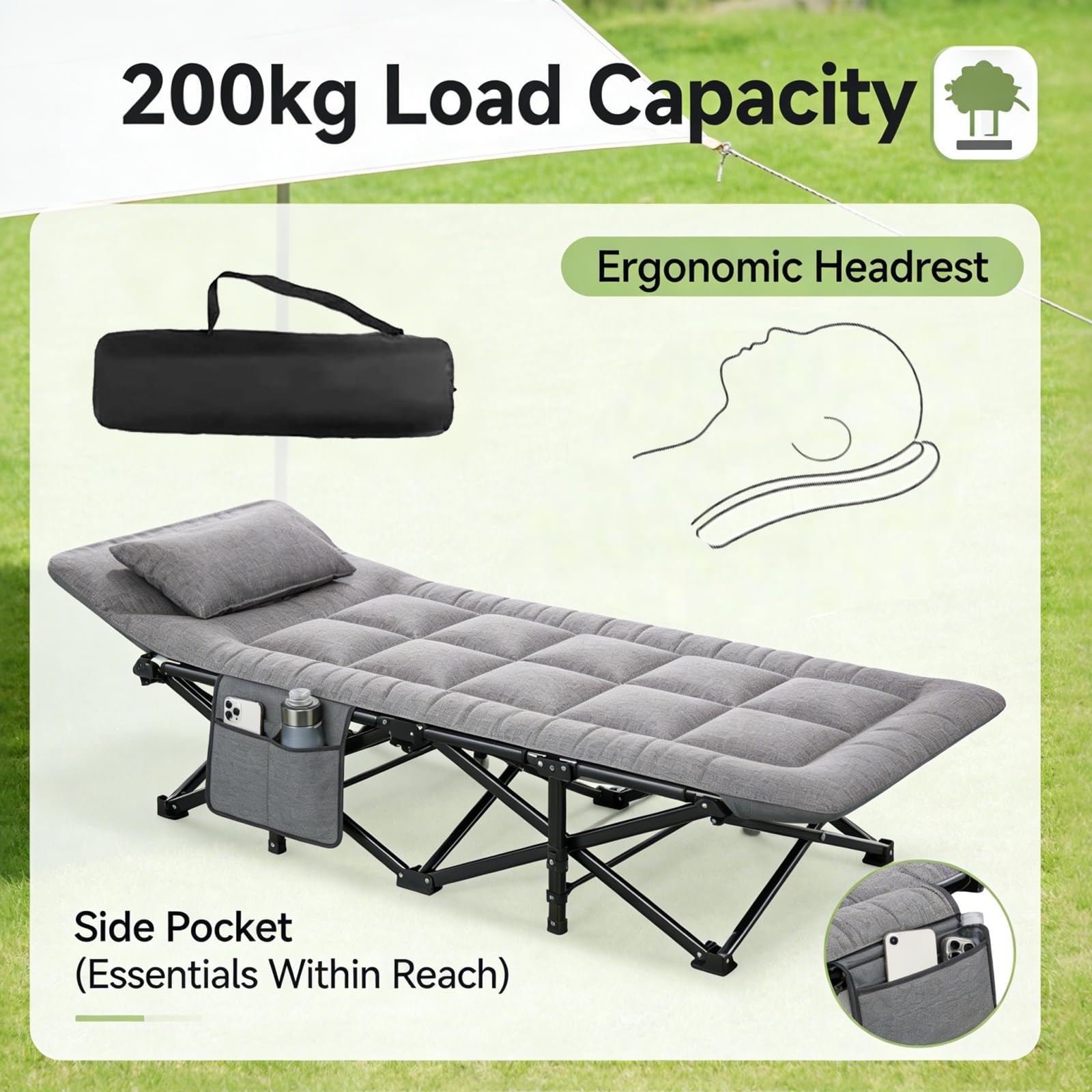 Lit de Camping Pliable avec Oreiller et Poche Latérale, Lit de Camp Rembourré 190 x 65 cm, Cadre en Acier jusqu’à 200 kg, Lit d’Appoint Portable avec Sac de Transport pour Camping, Jardin, Bureau