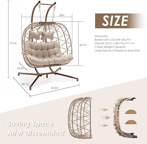 Miniatura 5 de NICESOUL Silla de huevo con doble columpio con soporte, grande para 2 personas, para interiores y exteriores, mimbre para patio, cesta de tamaño