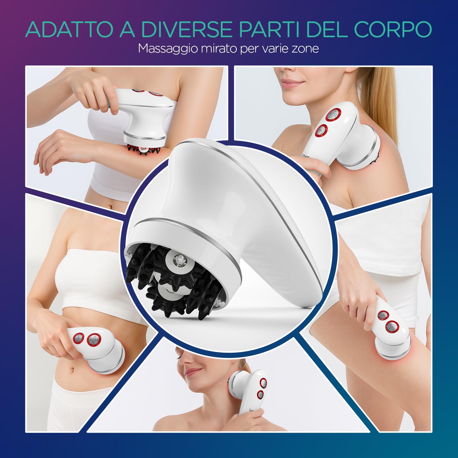 VOYOR Massaggiatore Anticellulite Cordless Elettrico per Viso Braccio Collo Corpo, 3 Teste Muti-funzional, Spazzola Pulizia, Impermeabile IPX7
