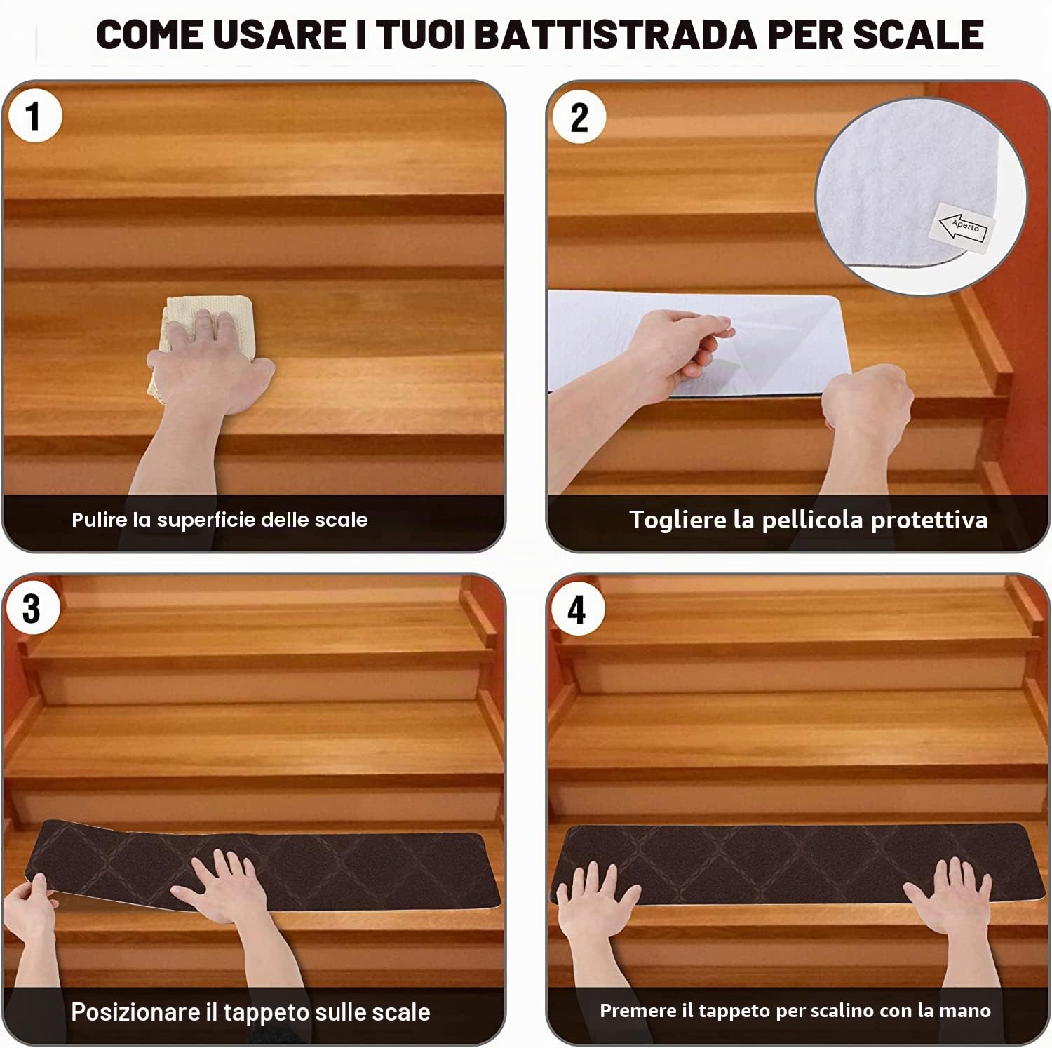 15 Tappeti per Scale 76 x 20cm, Tappetino Antiscivolo e Autoadesivo, Rimovibili e Lavabili Tappeto Scale Protezione per Interne Bambini, Anziani e Animali Domestici