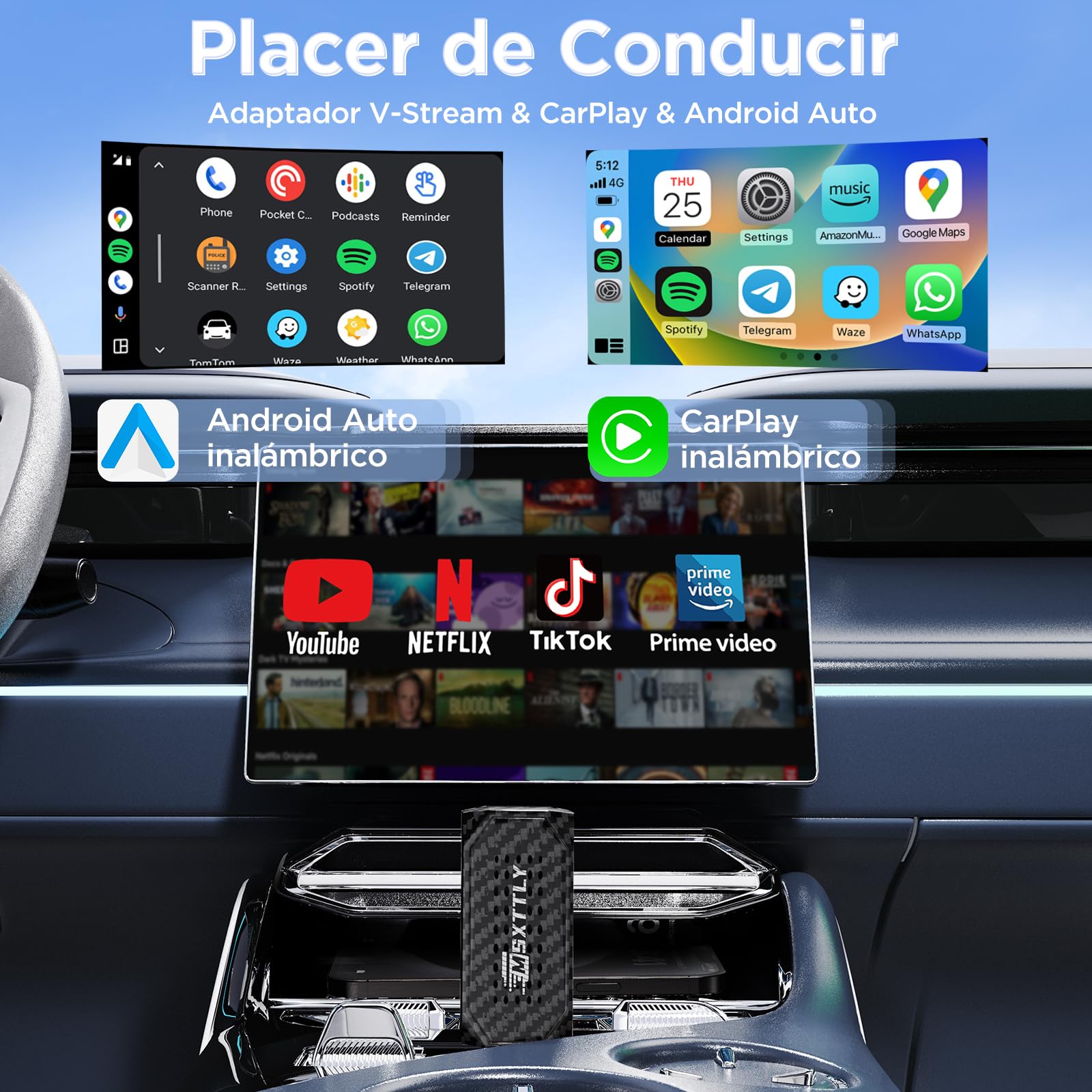 MSXTTLY Mini Adaptador Inalámbrico CarPlay Android Auto 3 en 1, Compatible con Netflix, Youtube, TikTok y Prime Video, para Coches con CarPlay con Cable 2017+, Android 11 e iPhone iOS 10+