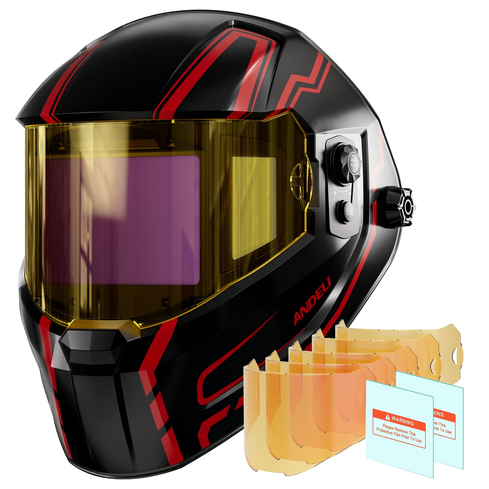 ANDELI Maschera saldatura automatica | Visione 18,3x8,1cm + True Color | USB-C + Luce frontale | DIN16,ANDELI Set di lenti di ricambio per casco per saldatore OPTIM
