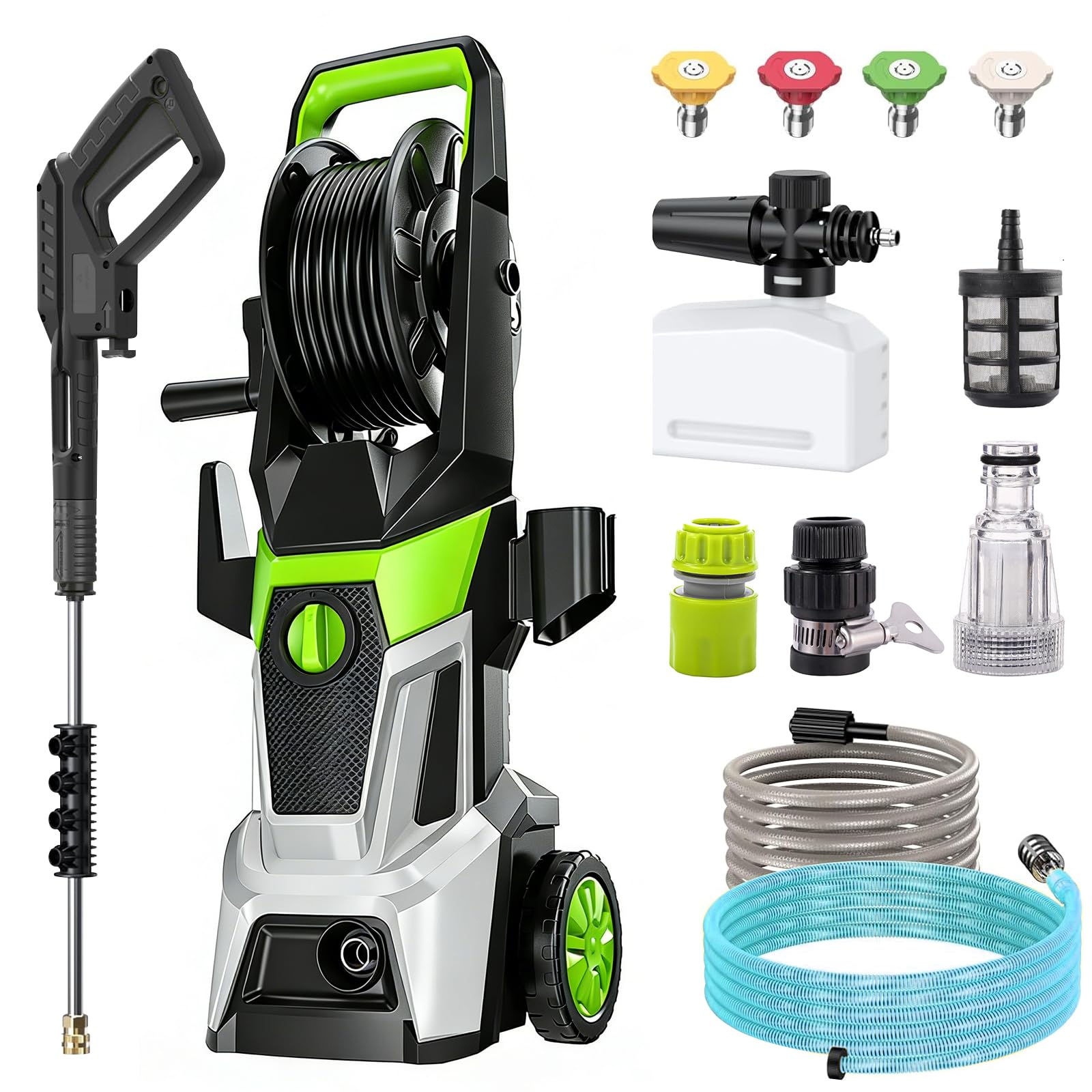 Hidrolimpiadora, presión: máx. 200 Bar, Caudal máx: 540 l/h Consumo 2000W | para Automóviles Y Superficies Externas, pistola y manguera de alta presión, boquilla turbo, lanza pulverizadora