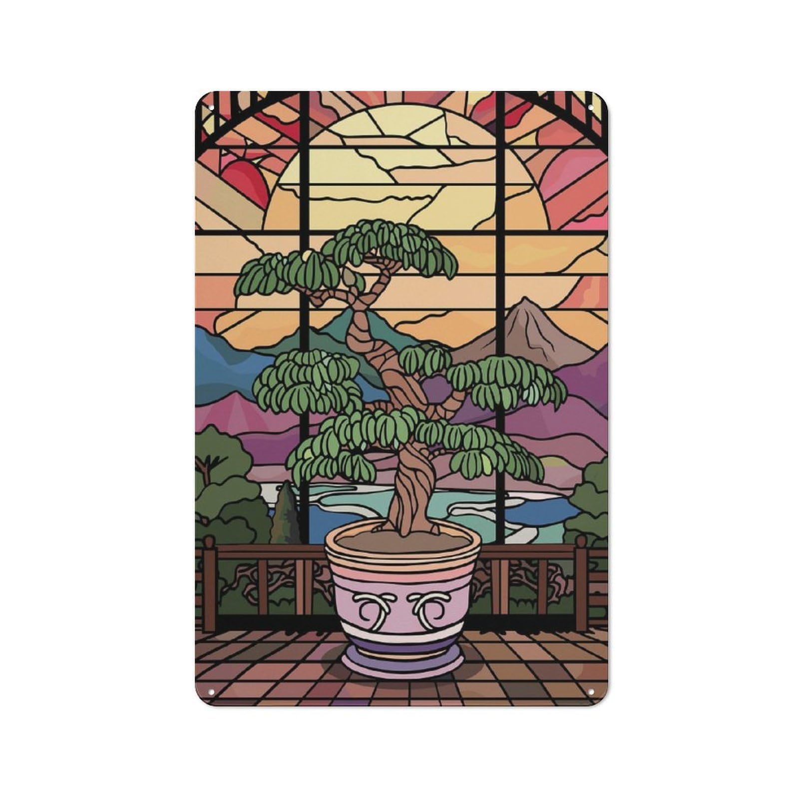 Junmoney Style-21 Stained Glass Bonsai Tree Landscape Vintage Tin Sign 30X20cm For Café Or Restaurant, For Café Owners And Decorators, For Retro Home Interiors
