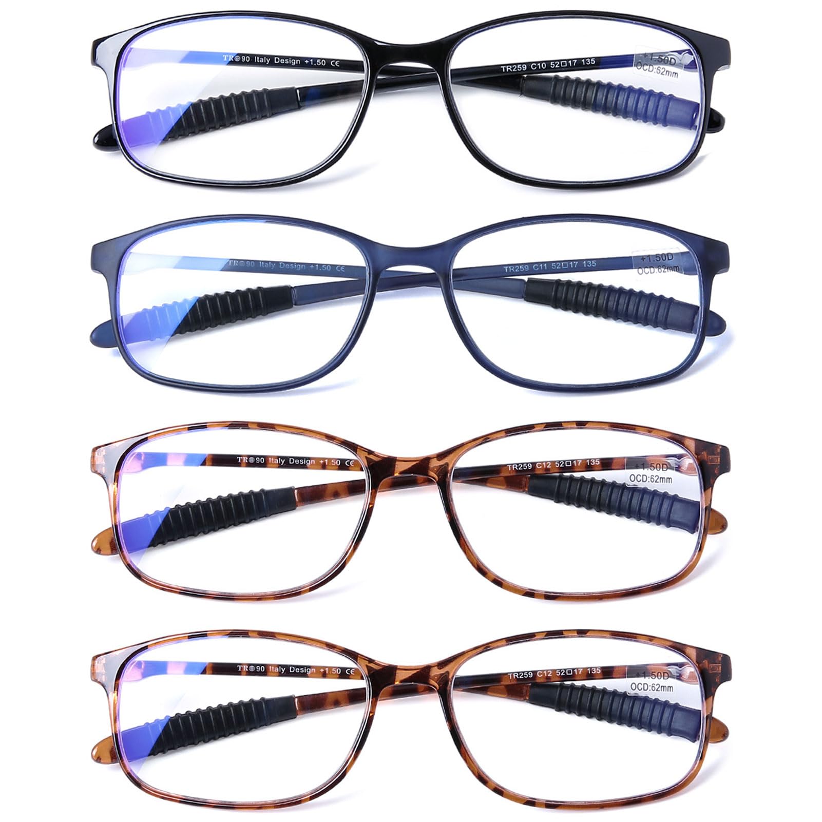 DOOViC Reading Glasses 4 Pack Blue Light Blocking Anti Eyestrain Flexible Lightweight Computer Readers for Men Women