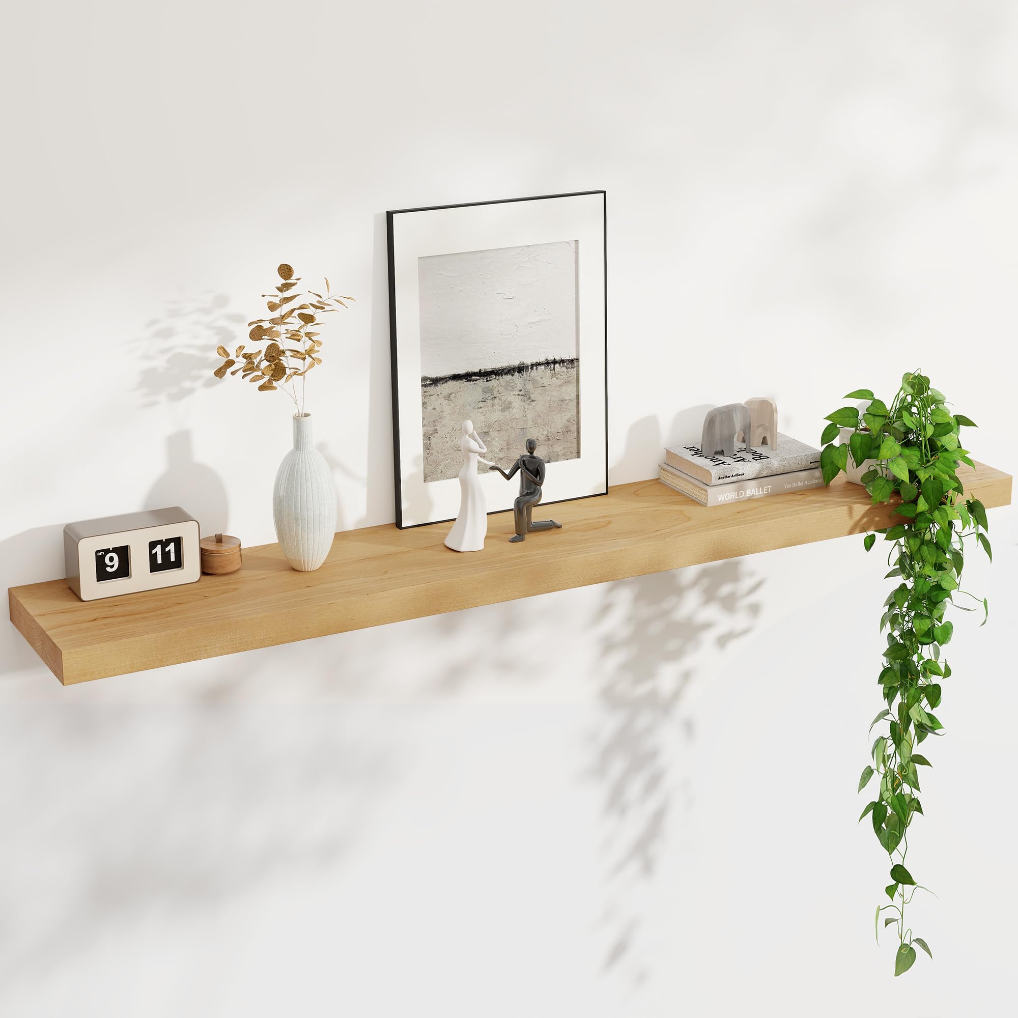 FLYJOE Floating Shelves for Wall, USA-Sourced Brich Wood 55 Inch Long Wall Shelves, Natural Wooden Mounted Picture Ledge Shelf, Nursery Book Storage Shelf Kids Bookshelf, Display Shelf for Bathroom