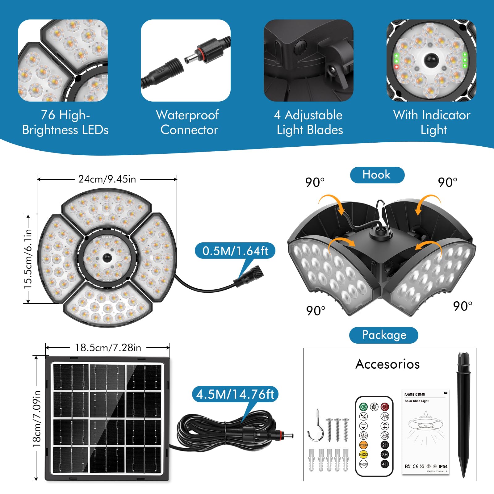 MEIHUA Lampada a Sospensione Solare 2500K 4000K 6500K 5 Modalità 5000MAH Faretto Solare con Sensore di Movimento con Telecomando Luci Solari per Padiglione Terrazzato Garage