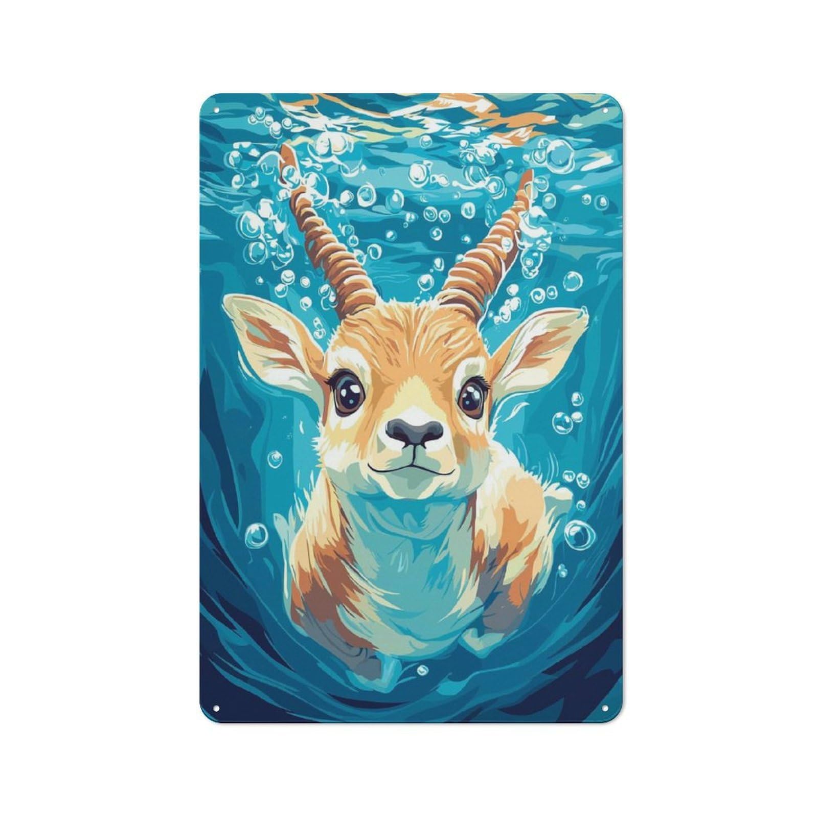 Junmoney Style-21 Tin Wall Plaque 30X20cm With Cute Antelope Swimming Underwater Illustration For Hobby Room Or Studio, For Themed Interiors In Hobby Rooms And Studios