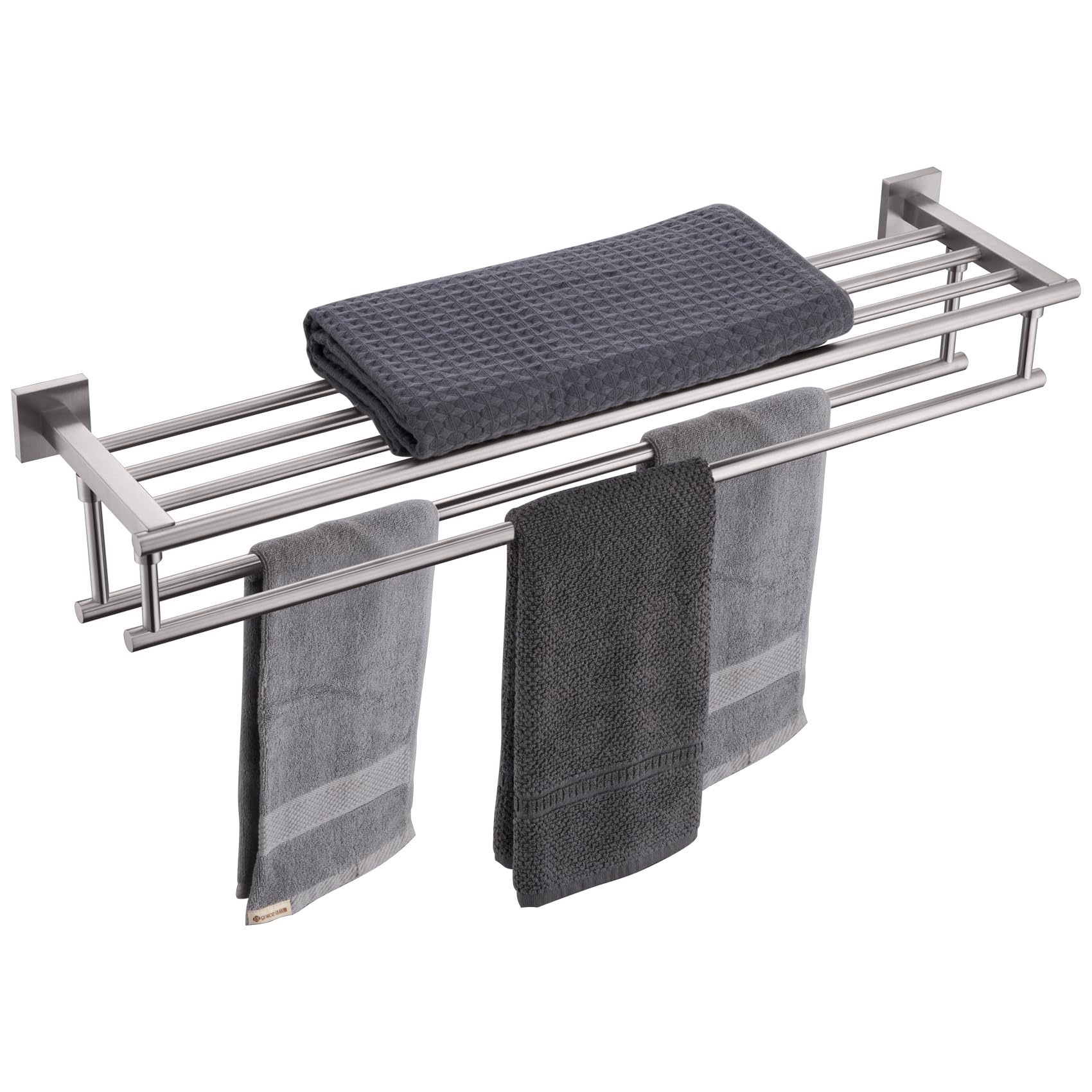 KOKOSIRI Towel Shelf with Double Towel Bars 32 Inches Bathroom Towel Rack Bath Towel Holder Wall Mounted Stainless Steel, Brushed Nickel, B6005BR-L32