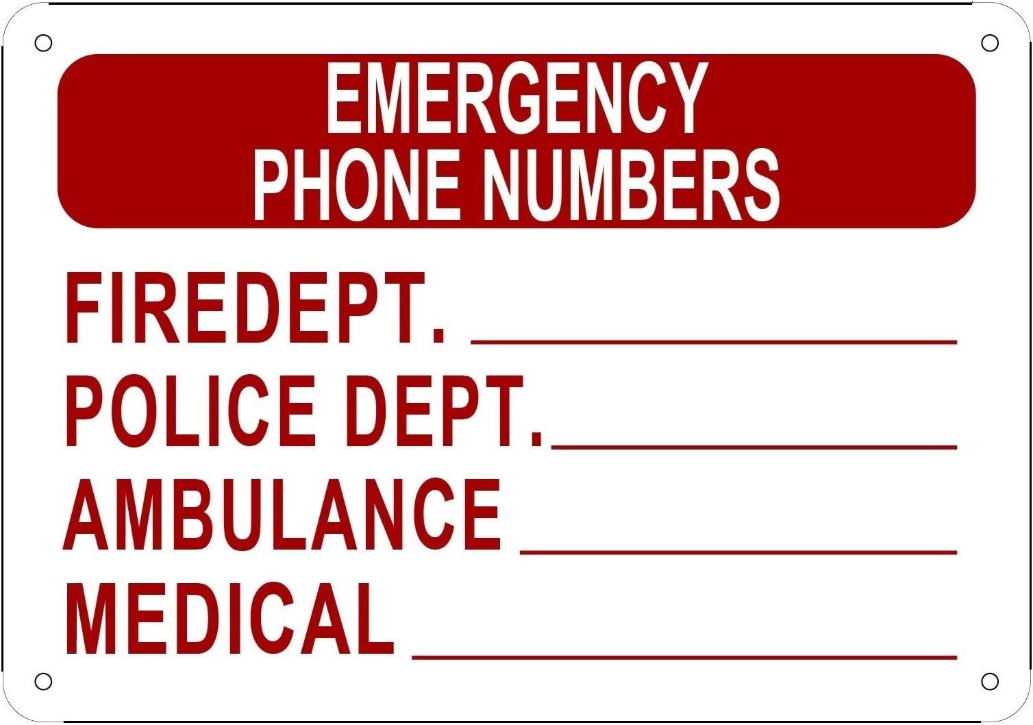 Emergency Phone Numbers Sign (Aluminium Rust Free 7x10)