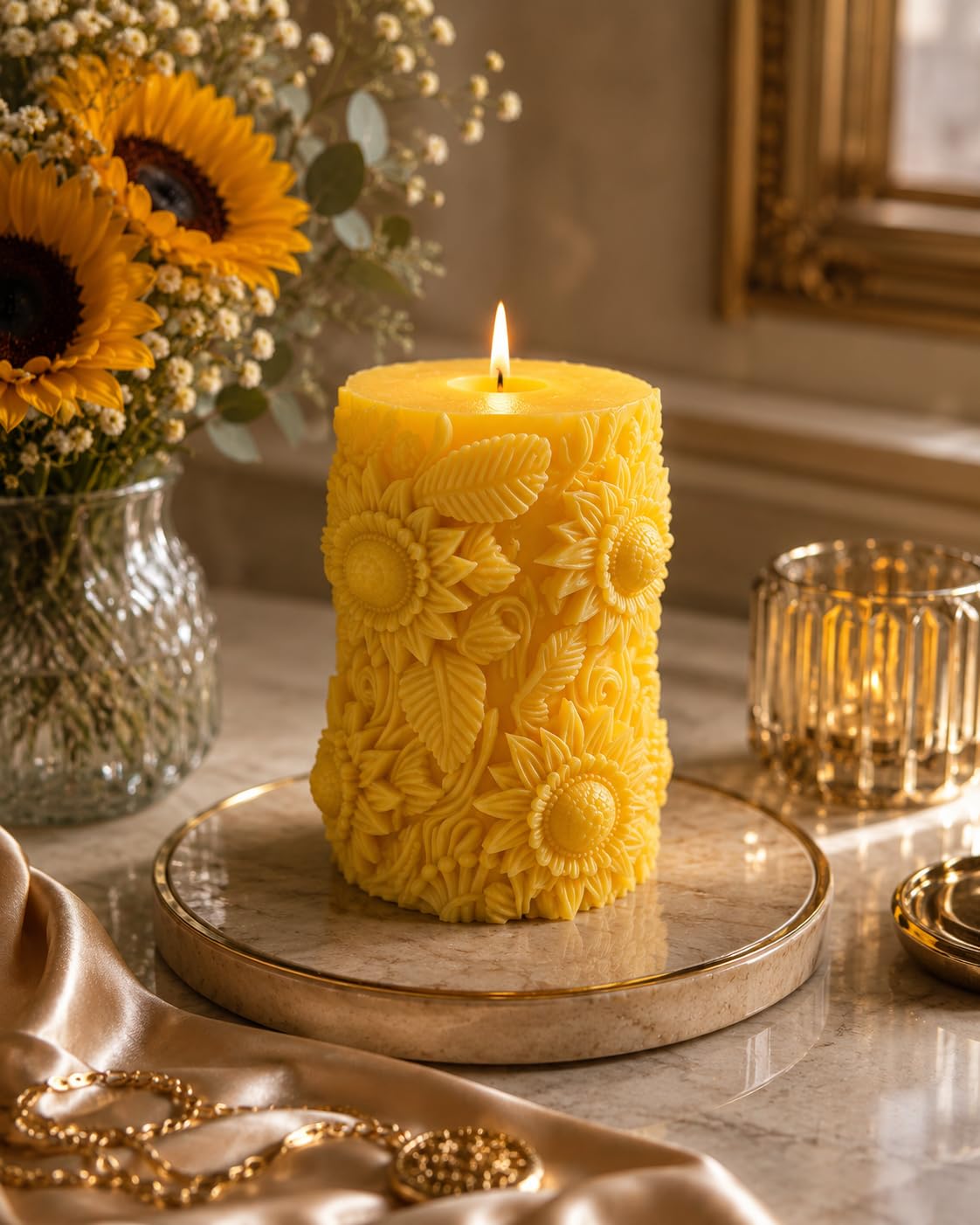 Clachaig Candles Yellow Vanilla Scented Sunflower Shaped Pillar Candle