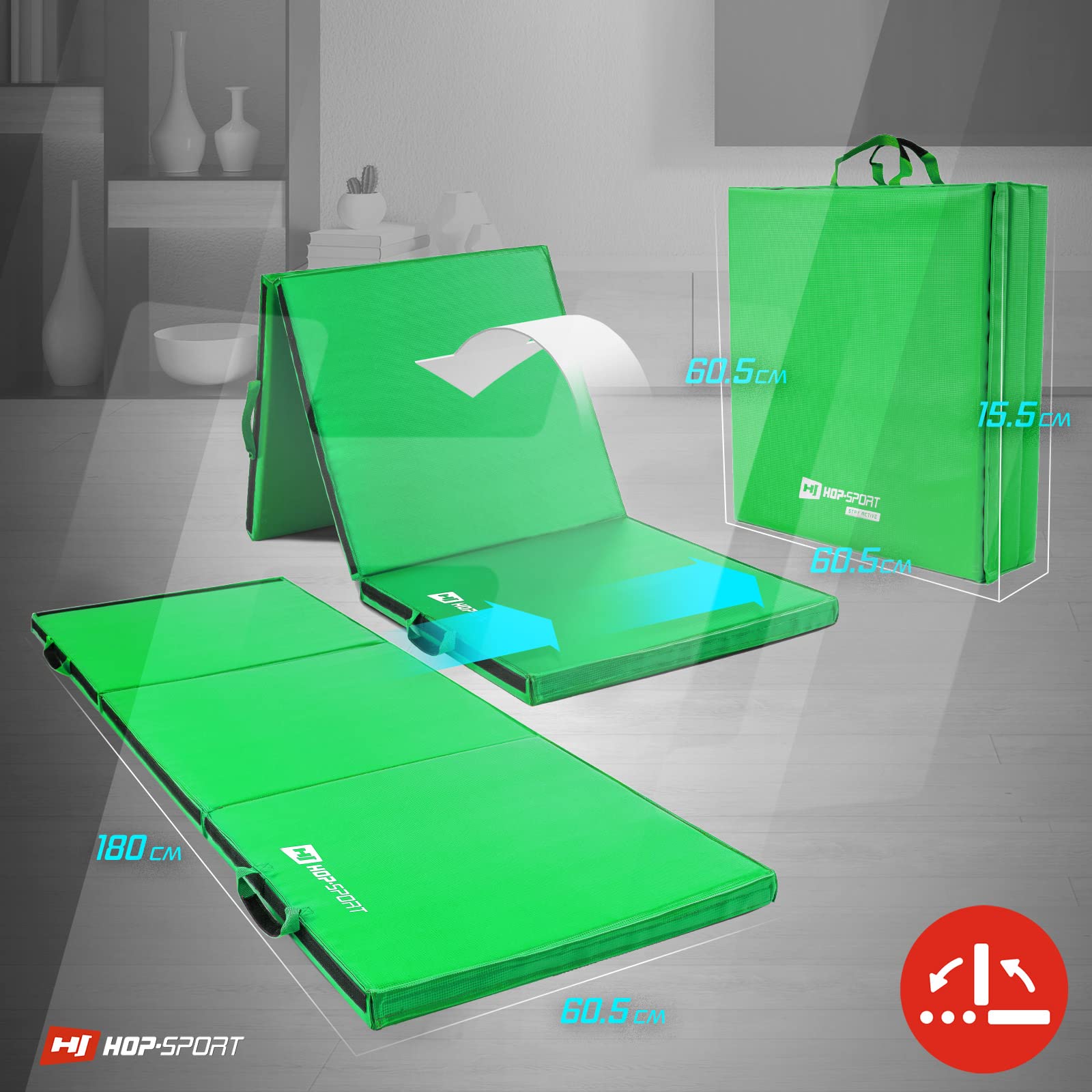 Hop-Sport składana mata gimnastyczna – miękka mata podłogowa do domu 180 x 60 x 5 cm – mata do fitnessu, mata gimnastyczna z uchwytami do noszenia i zapięciem na rzepy, grubość 4 cm/5 cm