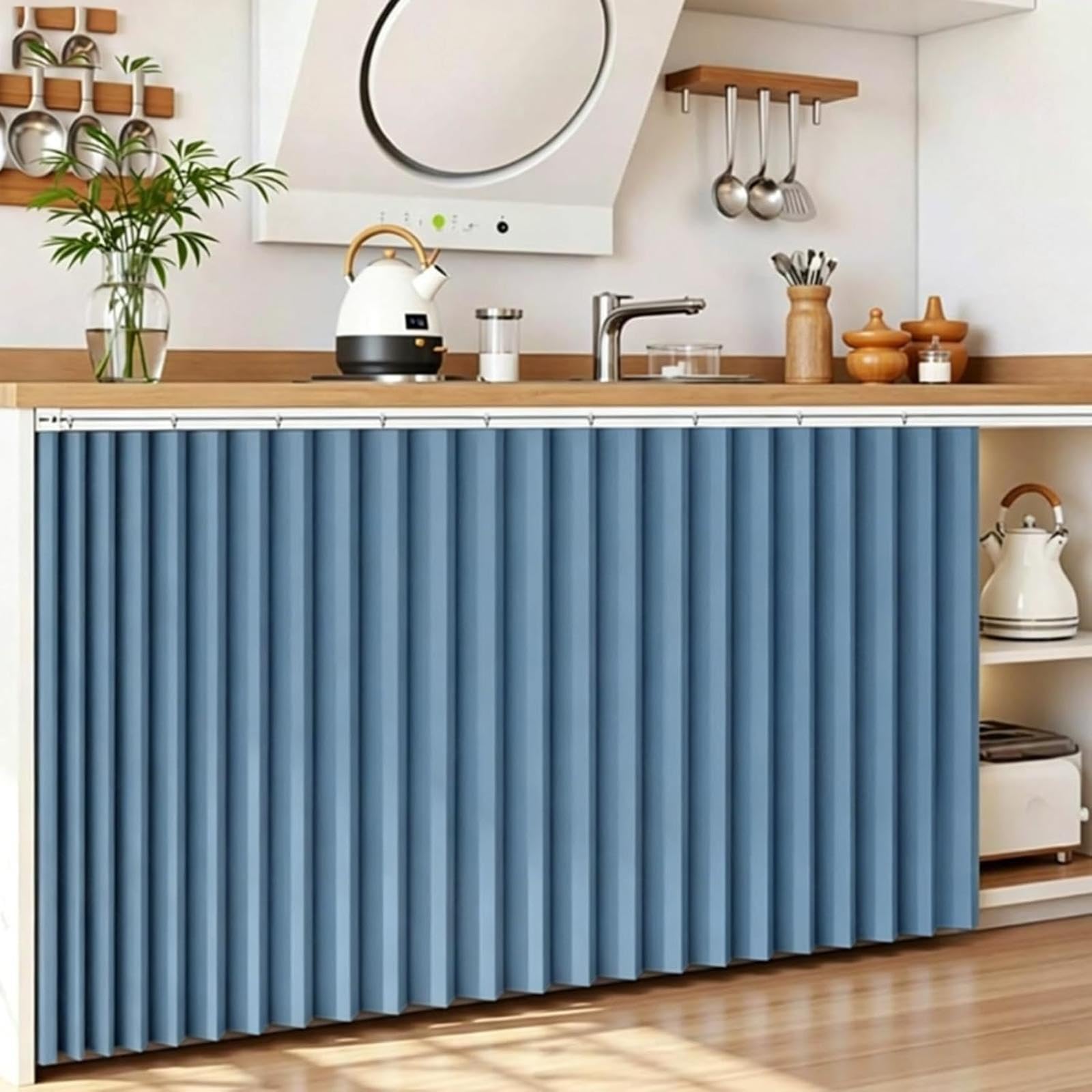 YZBZNG Cupboard Curtain Short Kitchen Curtain Dustproof Waterproof Blackout Privacy Panel Accordion Folding Design With Sliding Rail for Bathroom Pantry Wardrobe Shelves,Blue-W160cm/H110cm