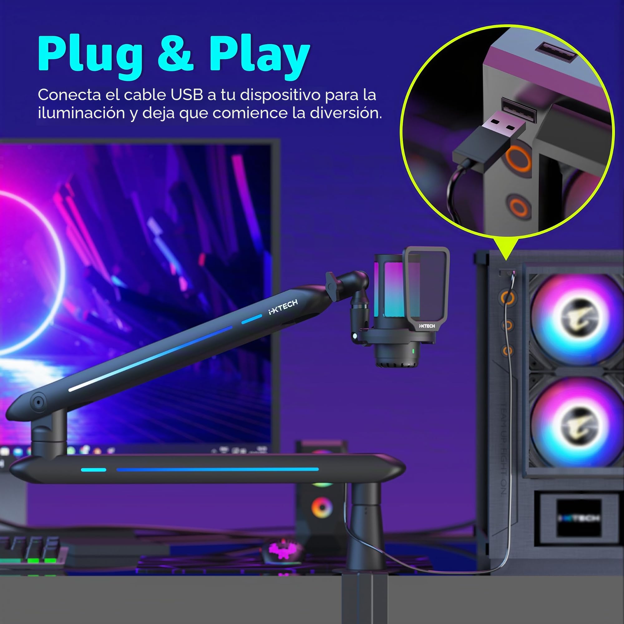 IXTECH Brazo de brazo RGB de perfil bajo para micrófono, soporte de brazo de micrófono ajustable con abrazadera de montaje en escritorio, soporte giratorio para micrófono con gestión de cables para