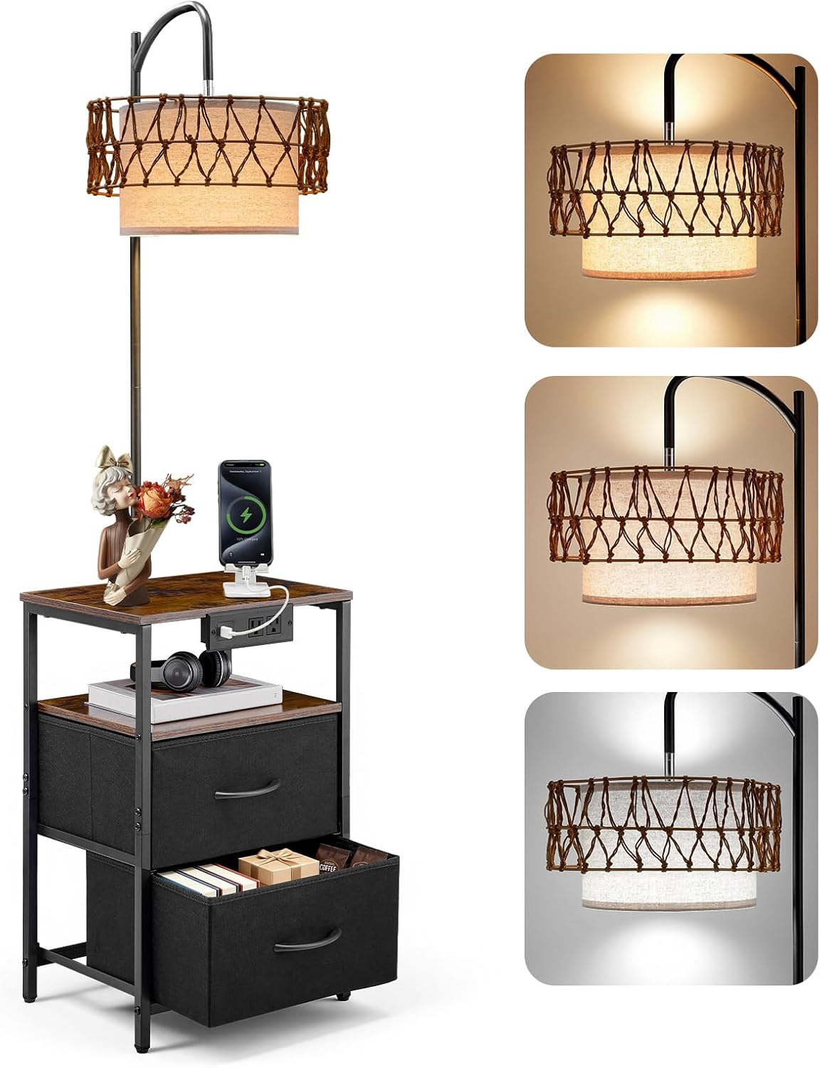VEVOR Floor Lamp with Table, Handwoven Rattan Shade, 2-Tier End Table with 2 Drawers, 3 Color Temp LED Bulb, Modern Nightstand Side Table with USB Type C AC Charging Port for Living Room Bedroom