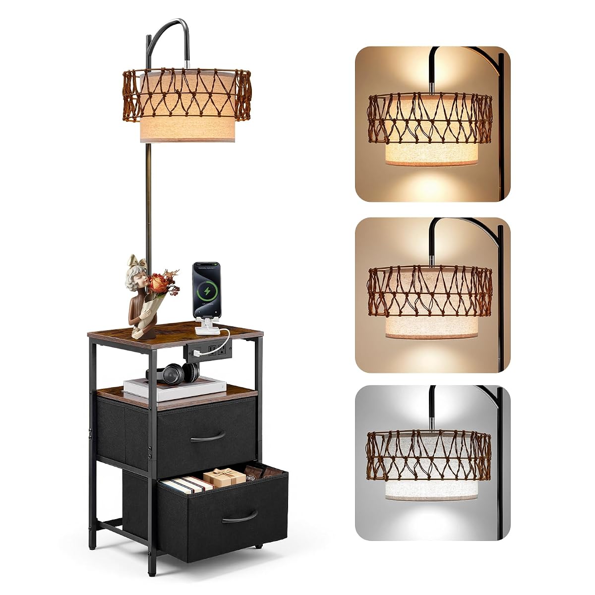 VEVOR Floor Lamp with Table, Handwoven Rattan Shade, 2-Tier End Table with 2