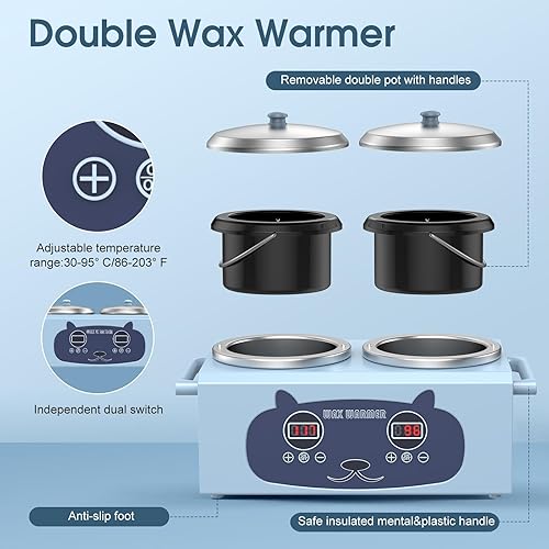 Miniatura 5 de Calentador de cera para depilación de doble cera, calentador de cera profesional con kits de encerado, color azul