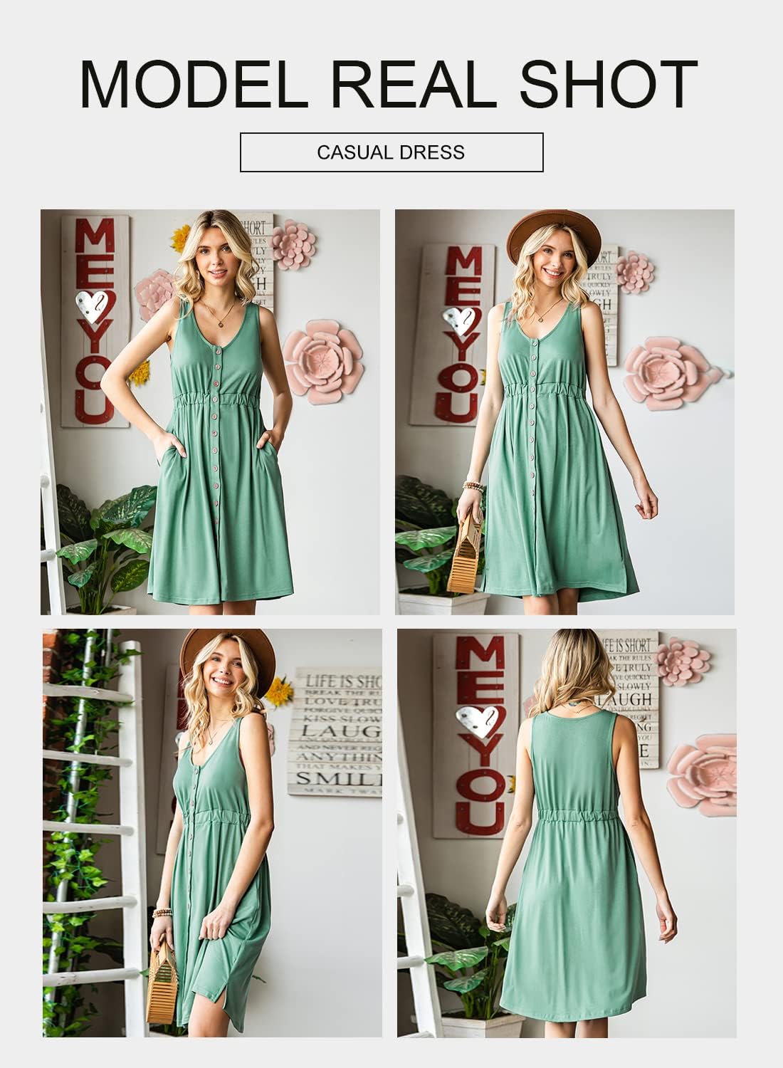 BLENCOT Women's Summer V Neck Button Down Dress Casual Sleeveless Pleated Swing T-Shirt Midi Dresses Green XS - Image 3