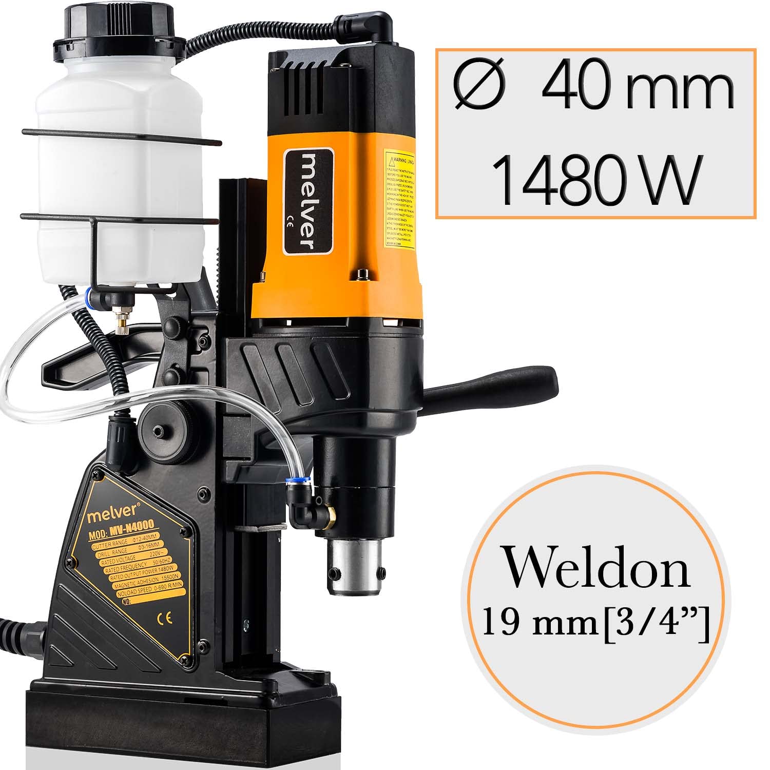 Trapano magnetico a nucleo, leggero, industriale, con Weldon e Borcope, mandrino Fi-40 mm/1480 W/10 kg/690 giri/min