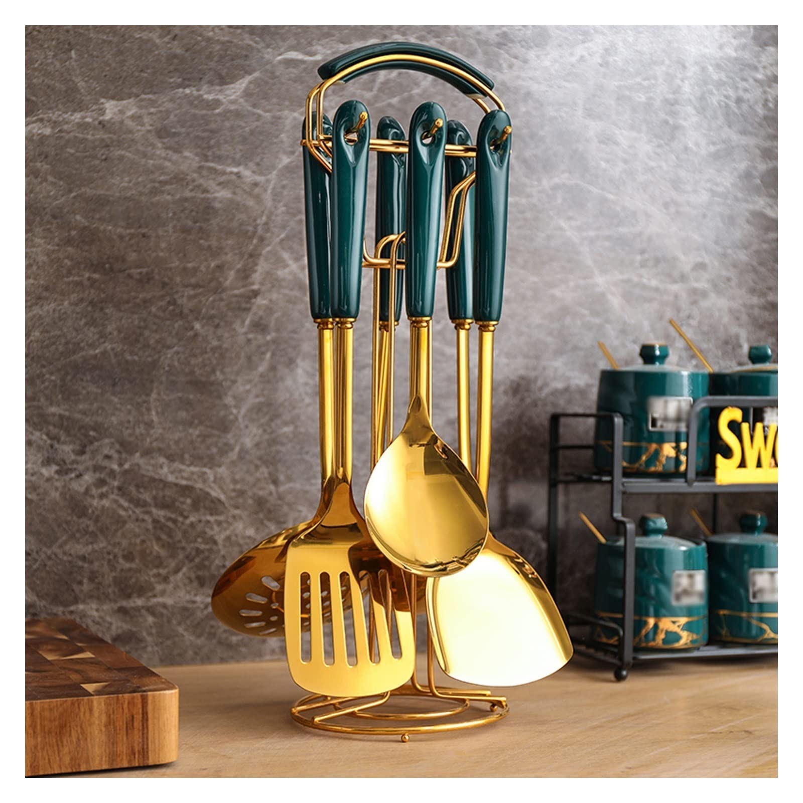 NGDFGR Kitchen Utensils Set,Stainless Steel Cooking Utensils Set With Ceramic Handle & Storage Stand,Kitchen Tools Set,Green