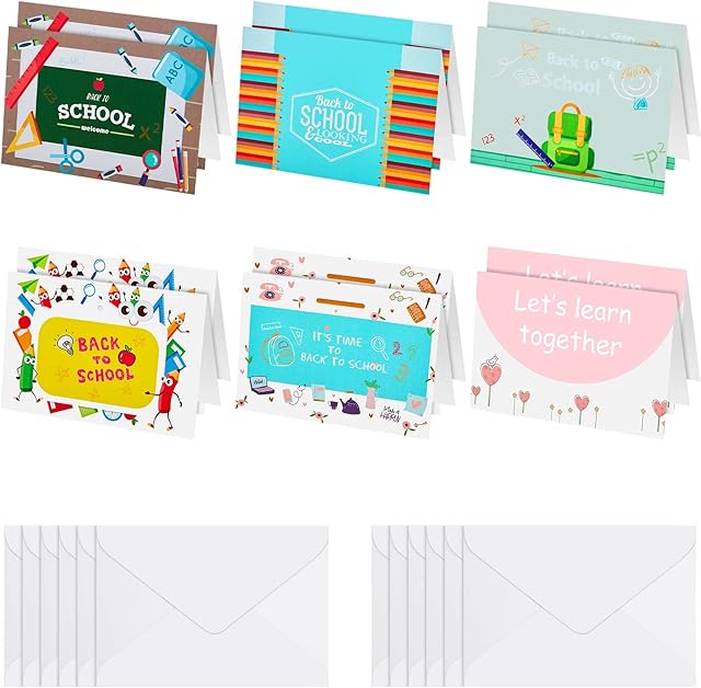 12 Pcs Back to School Cards Starting School Card with 12 Envelopes and 12 Stickers Good Luck Greeting Cards School Gifts for Children Kids Students Boys Girls 3.94 x 5.91 Inch