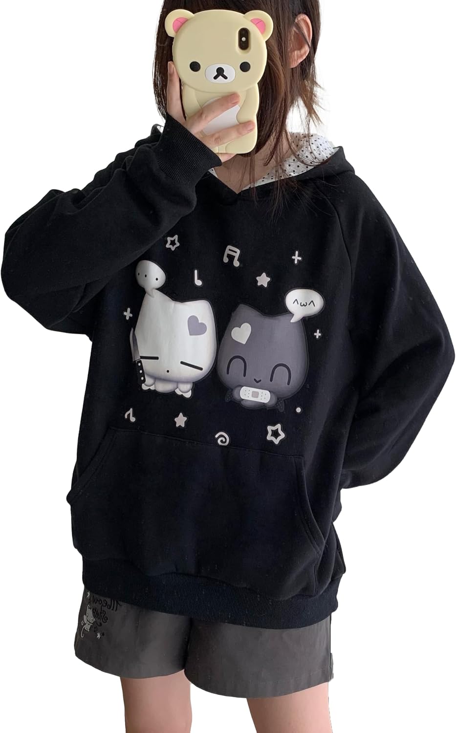Y2K Kawaii Embroidery Spot Hoodies Zip Up Drawstring Cute Cat Ear Ribbed Jacket Oversize Casual Streetwear