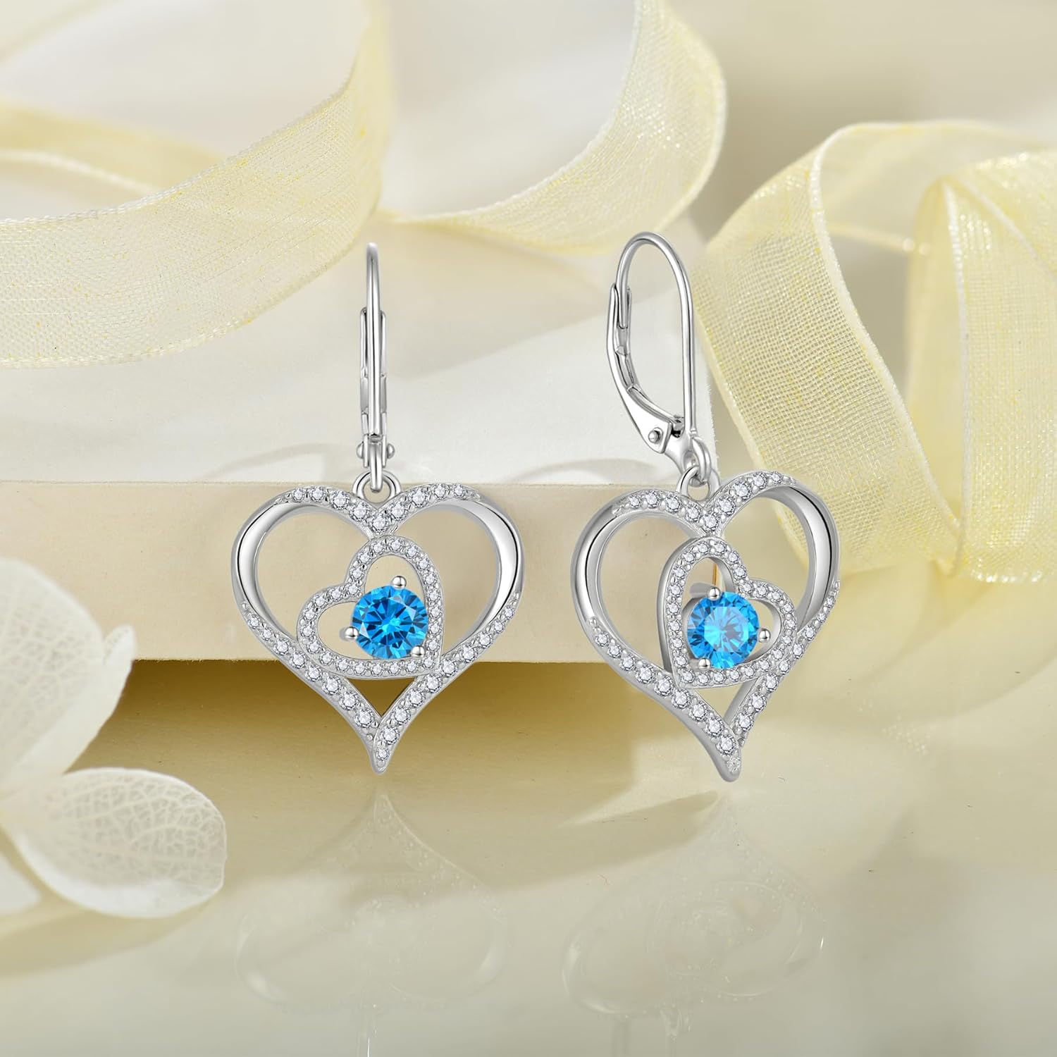 Heart Dangle Drop Earrings for Women 925 Sterling Silver Leverback Earrings Birthstone Jewelry Gifts for Women Wife Mother Her - Image 4