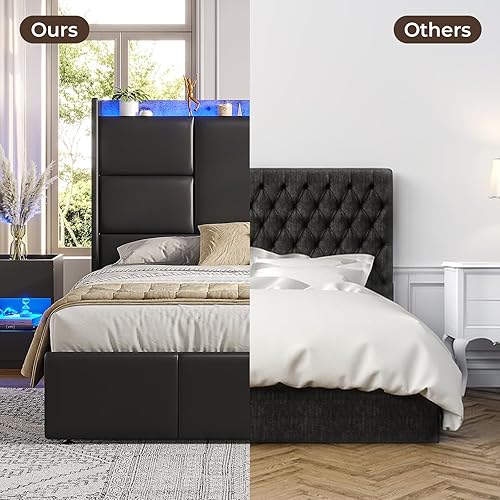 Miniatura 4 de AOGLLATI Base de cama Queen con cabecera alta Stroage, marco de cama de plataforma tamaño Queen con luz LED y estación de carga, marco de cama