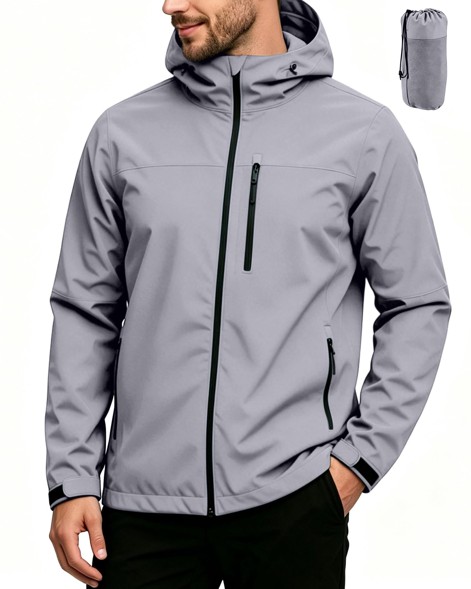 PYALT Jacke Herren Wasserdichte Atmungsaktiv Softshelljacke Leichte Regenjacke Packbare Windbreaker Fahrrad Regenmantel mit Kapuze