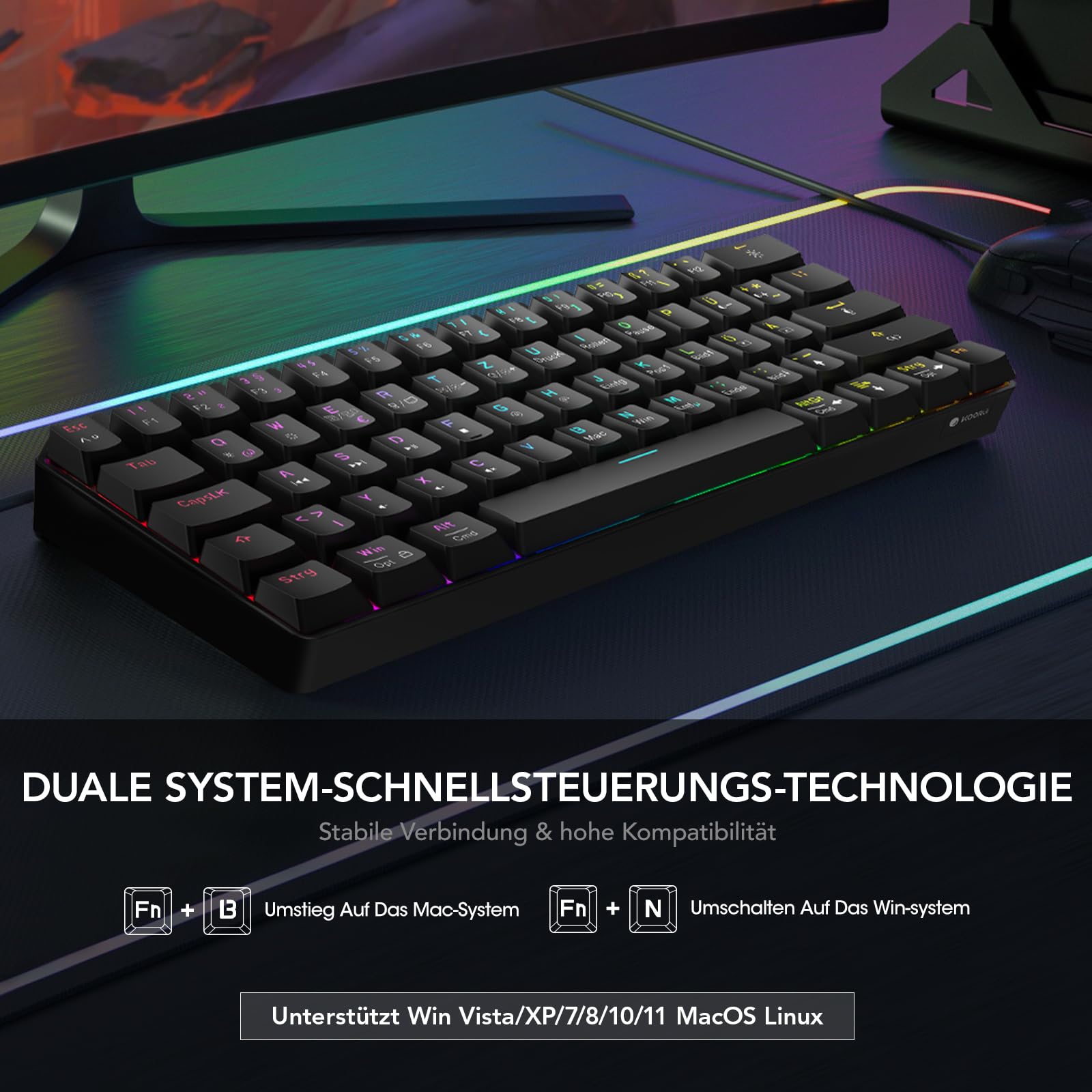 KOORUI Gaming Toetsenbord – 60% Mechanisch, RGB-verlichting, Bedraad, Duitse Lay-out, Rode Switch, Hot-swap – Voor Windows, Mac, Linux