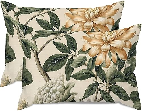 Green and White Chinoiserie Floral Rectangular Cushion Cover Set of 2 Chinese Style Throw Pillowcase 12x18in Decorative Pillow Home Cotton Linen