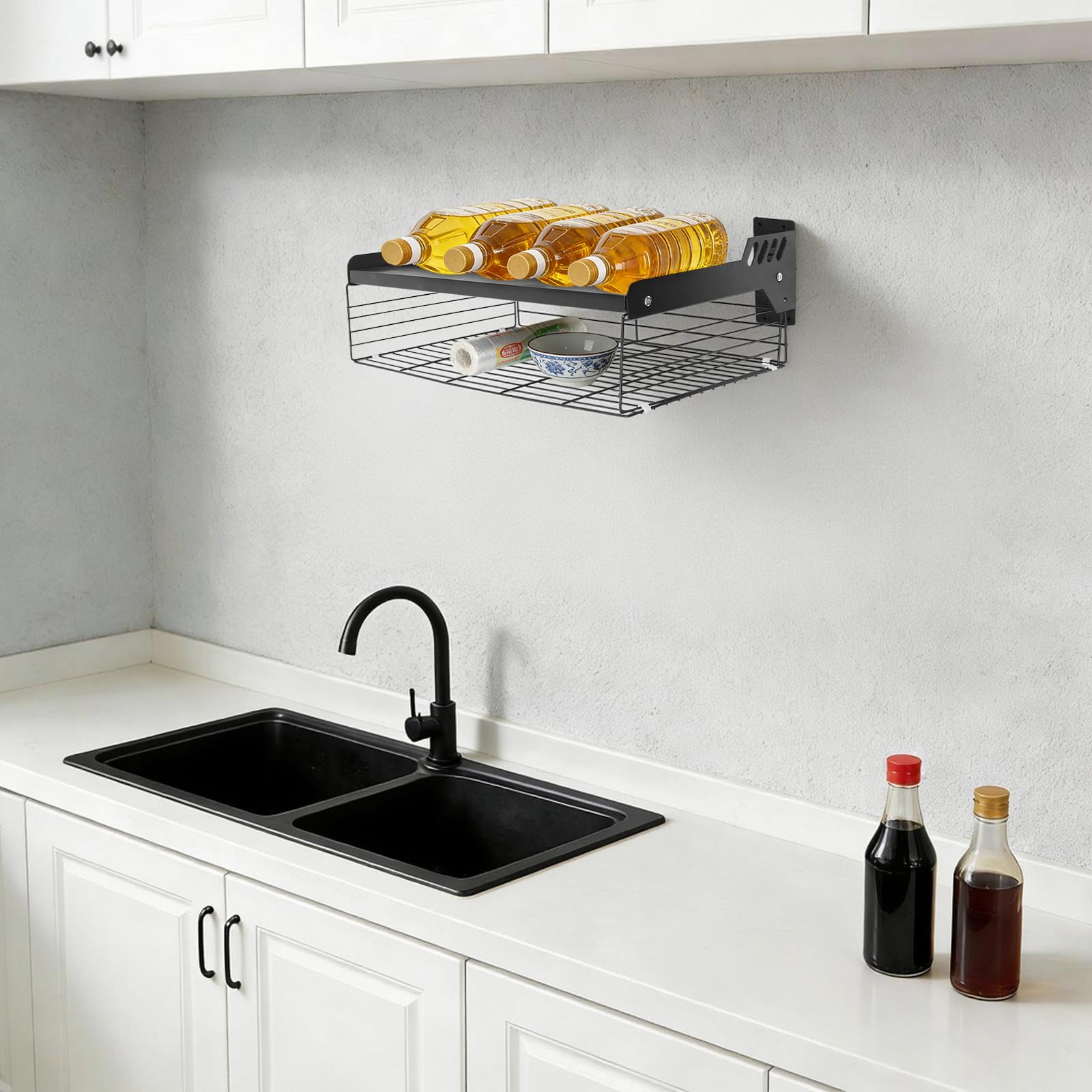 Mikrowellenregal Wandmontage ohne Bohren, 55x35x20cm Kohlenstoffstahl Küchenregal mit 33 lbs Tragfähigkeit, schwarzes Wandregal für Mikrowelle, Toaster, Backzubehör – bohrfreie Montage