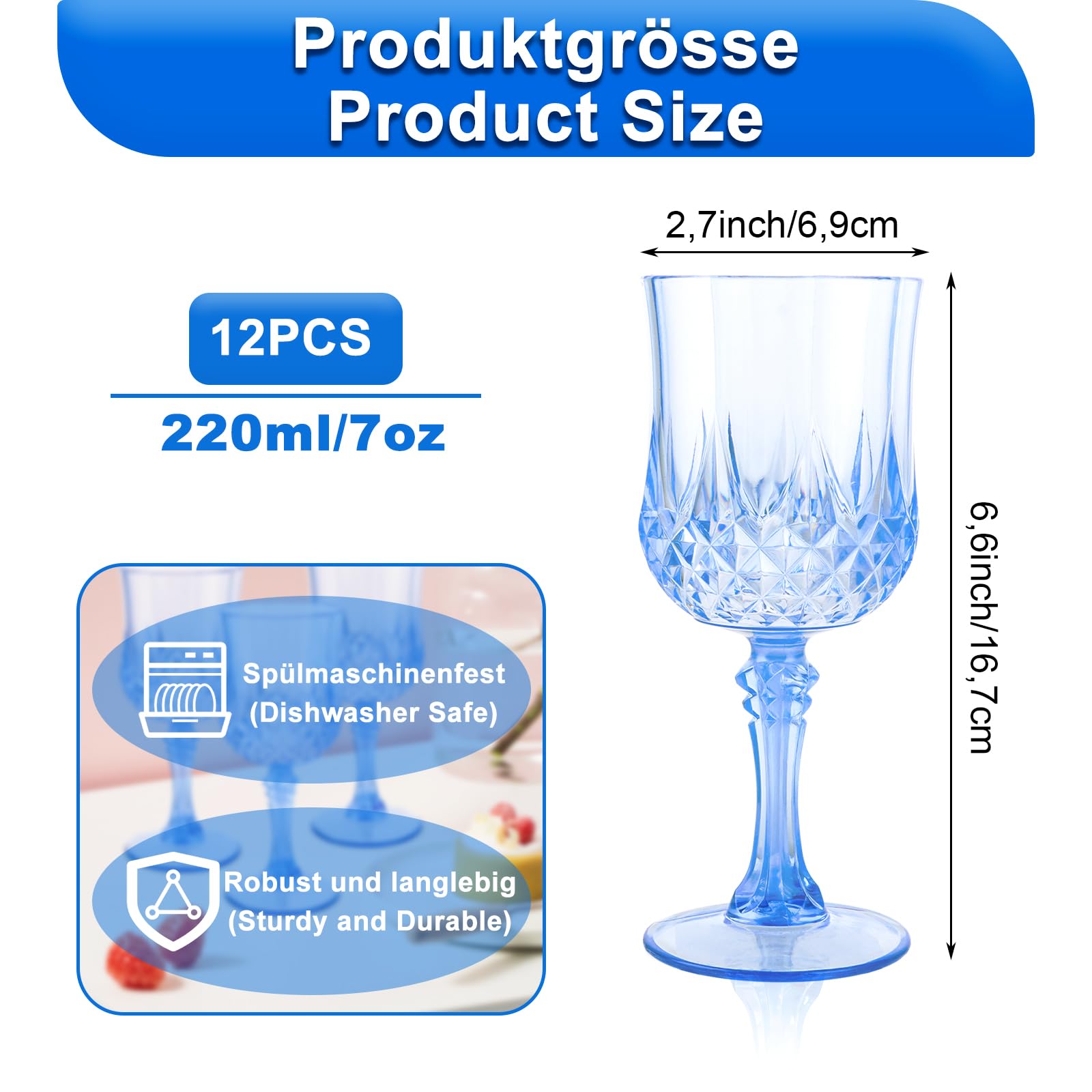 Lot de 12 verres à vin en plastique - 200 ml - Bleu - Verres à vin de camping avec pied - Réutilisables