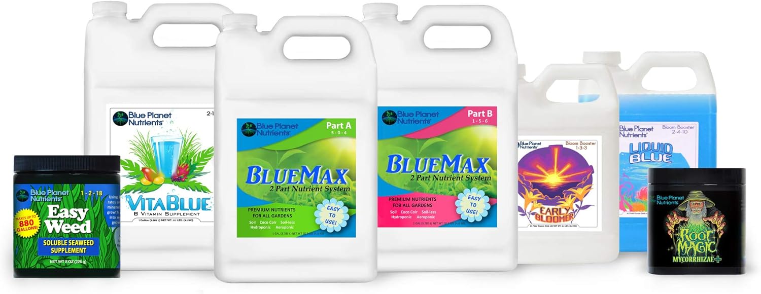 Blue Planet Nutrients Complete Plant Food Fertilizer Set | BlueMax High Yield System (Regular) | for All Gardens & Plants | Hydroponic Aeroponic Soil Coco Coir | Made in USA