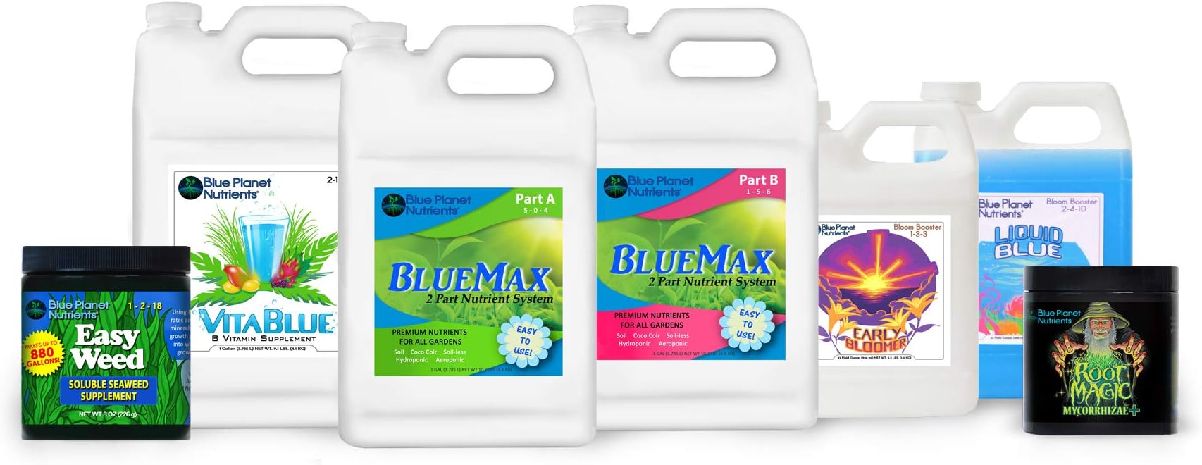 Blue Planet Nutrients Complete Plant Food Fertilizer Set | BlueMax High Yield System (Regular) | for All Gardens & Plants | Hydroponic Aeroponic Soil Coco Coir | Made in USA