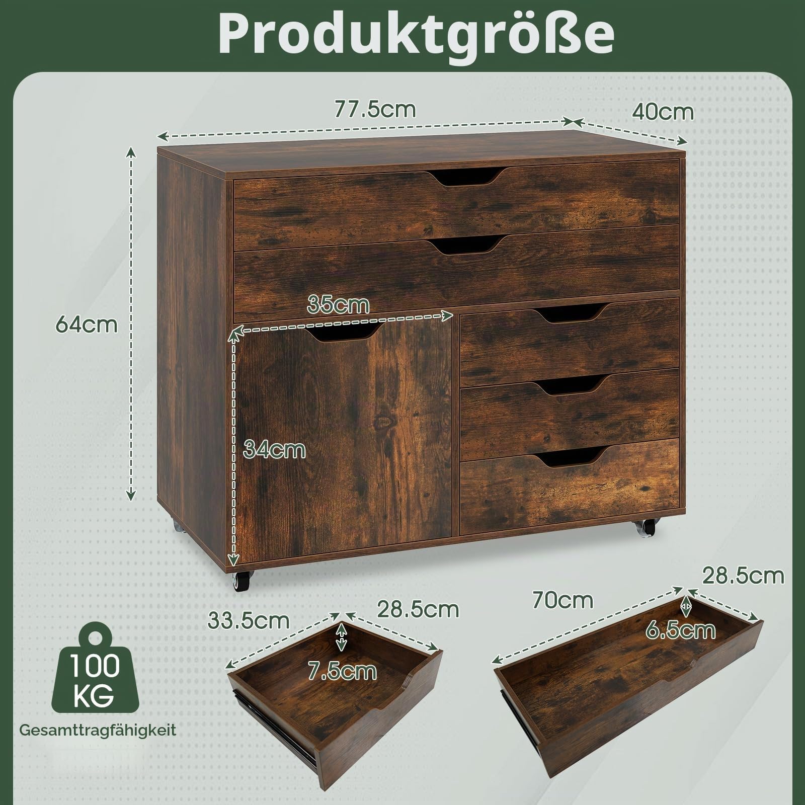 GIANTEX Rollcontainer mit 5 Schubladen & 1 Schrank, mobiler Aktenschrank mit 5 Rollen, Schubladenschrank unter Schreibtisch, 77,5 x 40 x 64 cm (Braun)